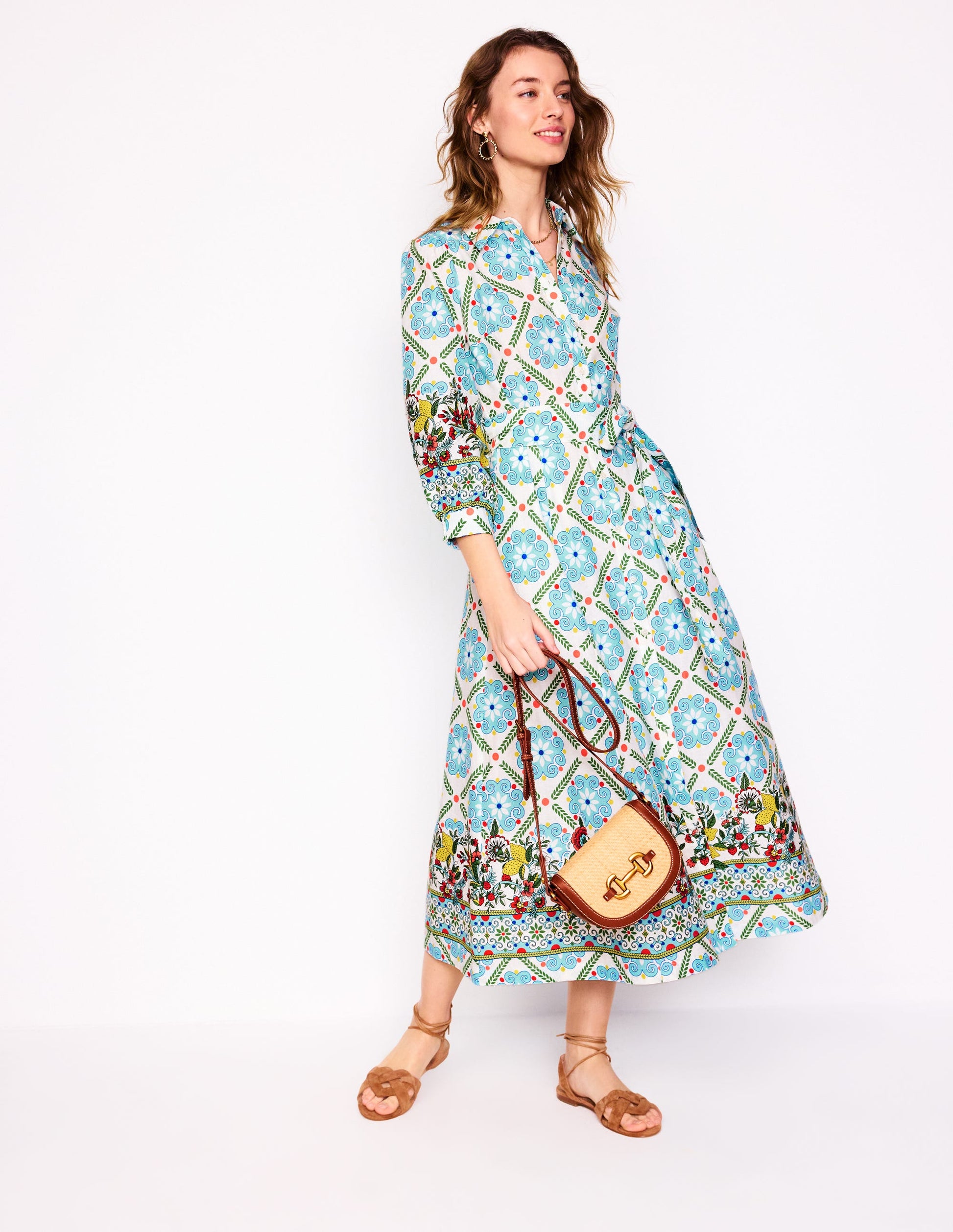 clara linen blend shirt dress Clara Linen Blend Shirt Dress - Multi, Citrus Vine Tile