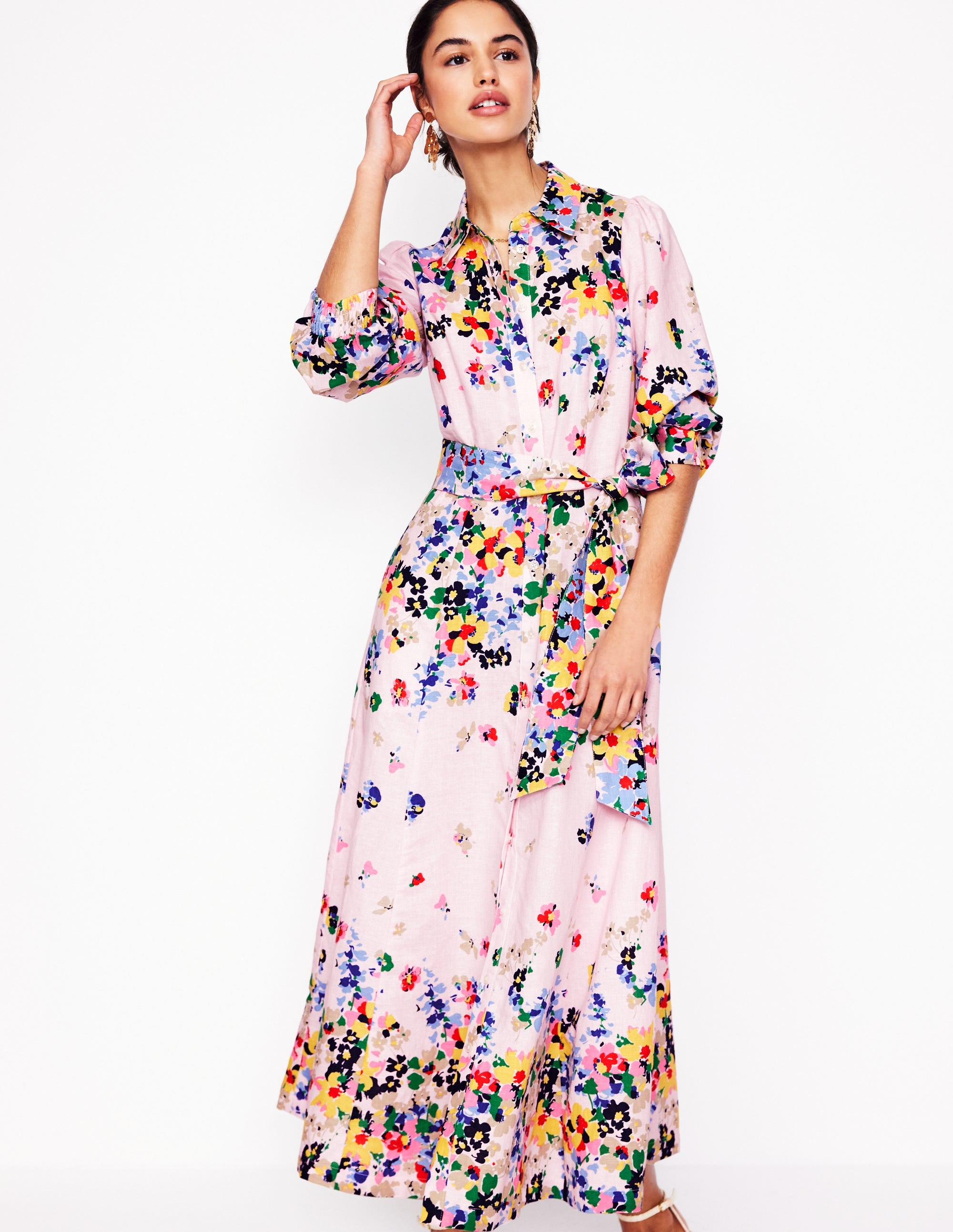 Clara Linen Blend Shirt Dress-Chalk Pink, Painterly Cluster - Image 4