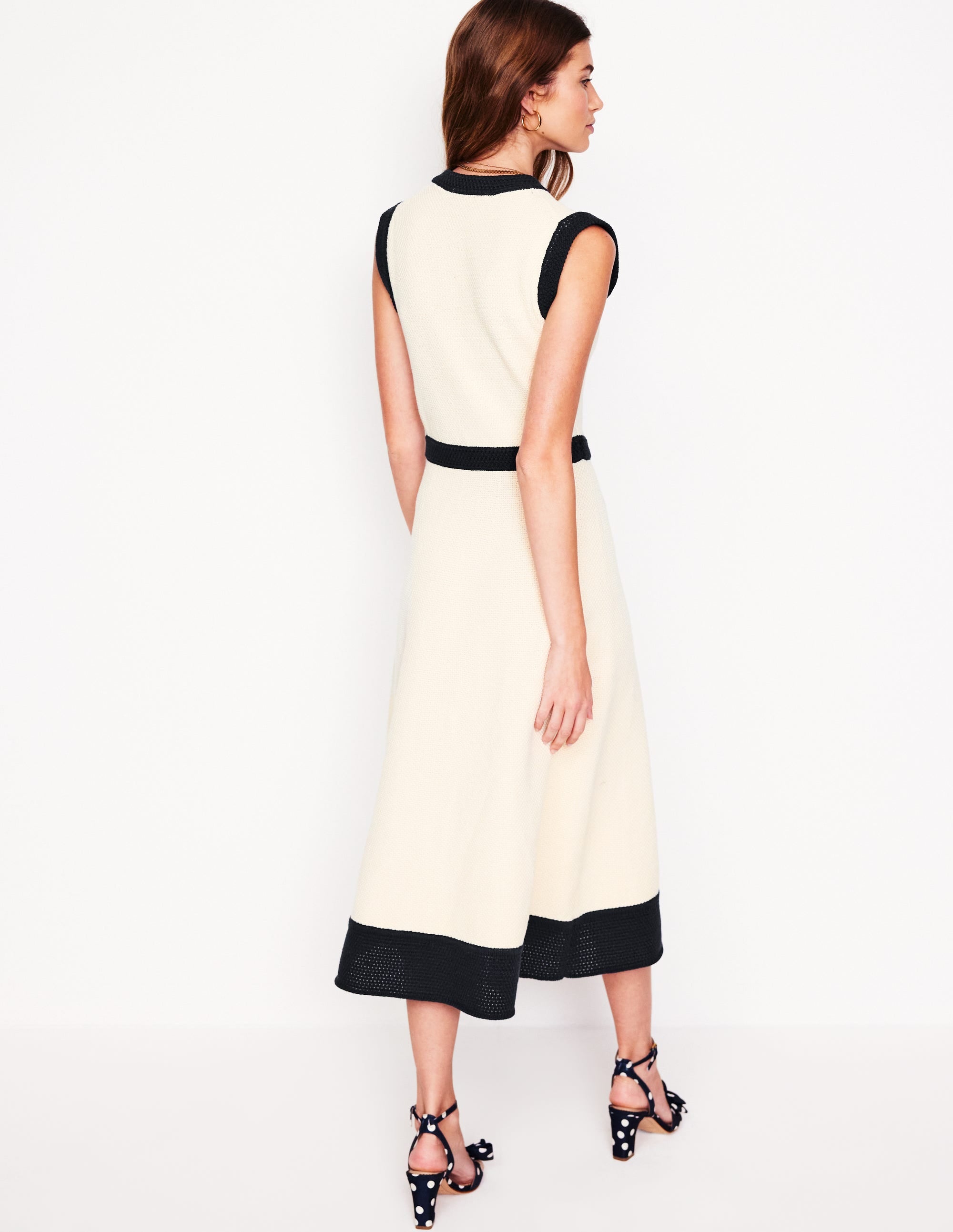Crochet Trim Knitted Dress-Ivory, Navy - Image 3