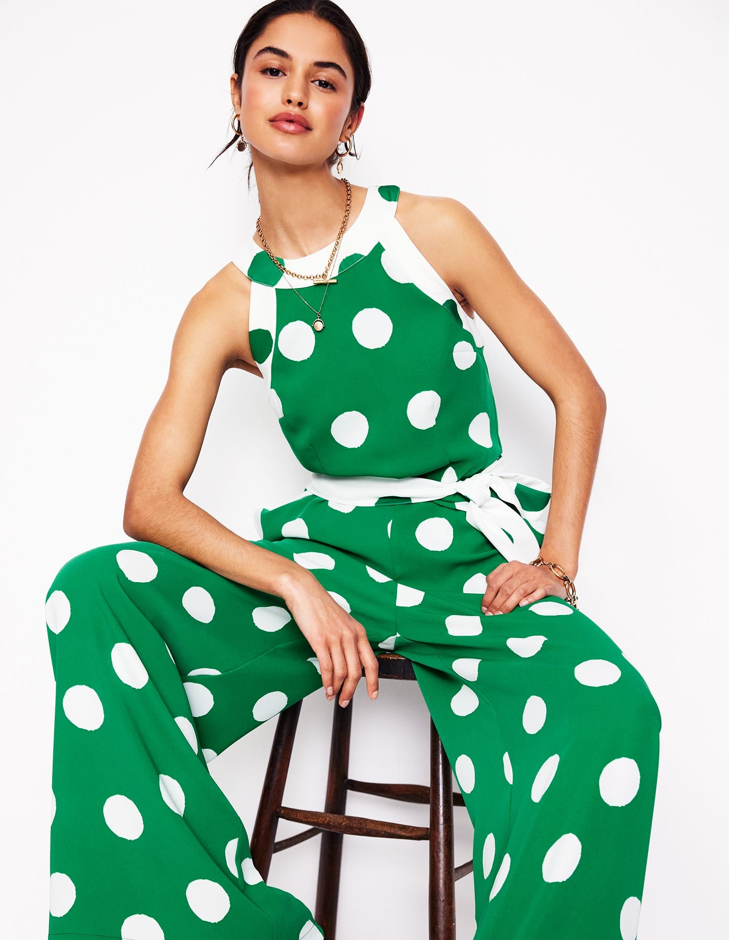 Colourblock Halter Jumpsuit-Rich Emerald, Abstract Dot - Image 1