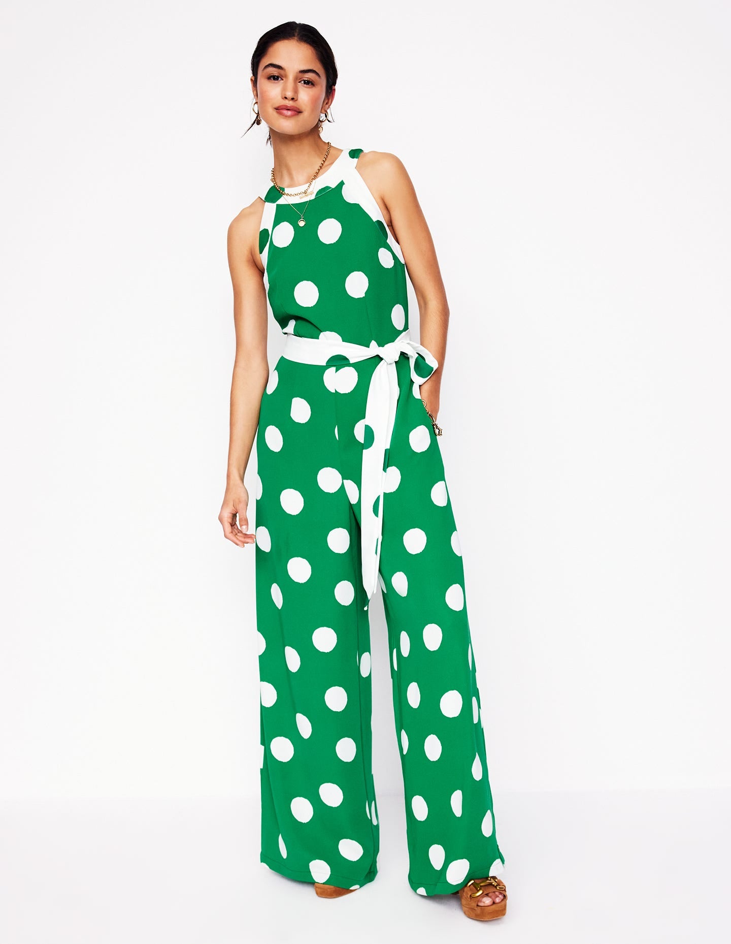 Colourblock Halter Jumpsuit-Rich Emerald, Abstract Dot Boden UK