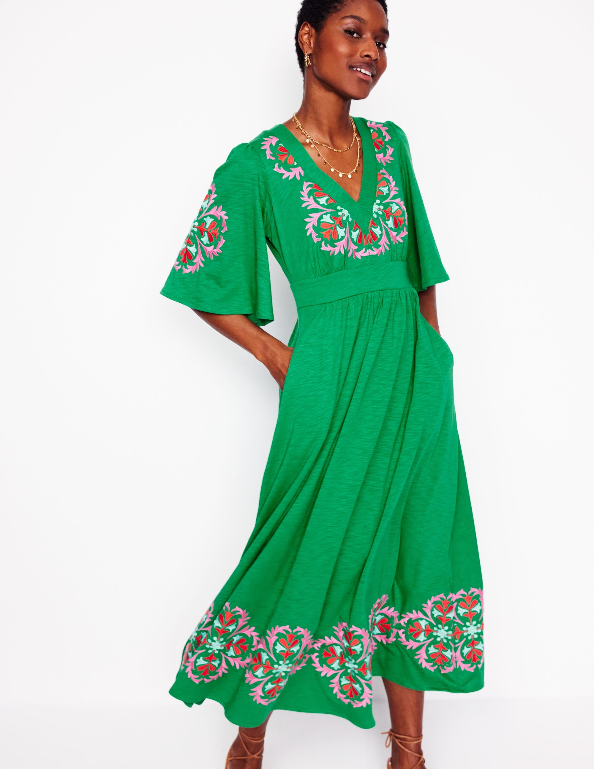 Maya Embroidered Kimono Dress-Rich Emerald, Embroidered - Image 1
