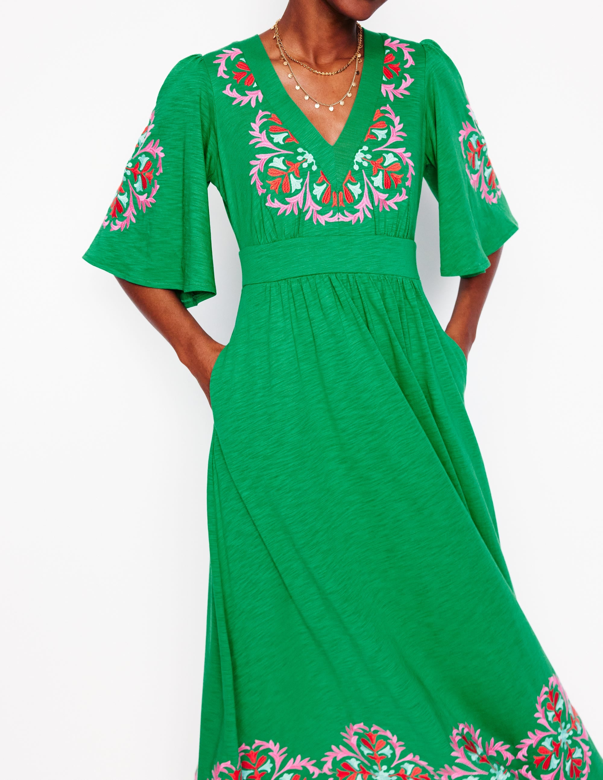 Maya Embroidered Kimono Dress-Rich Emerald, Embroidered - Image 2