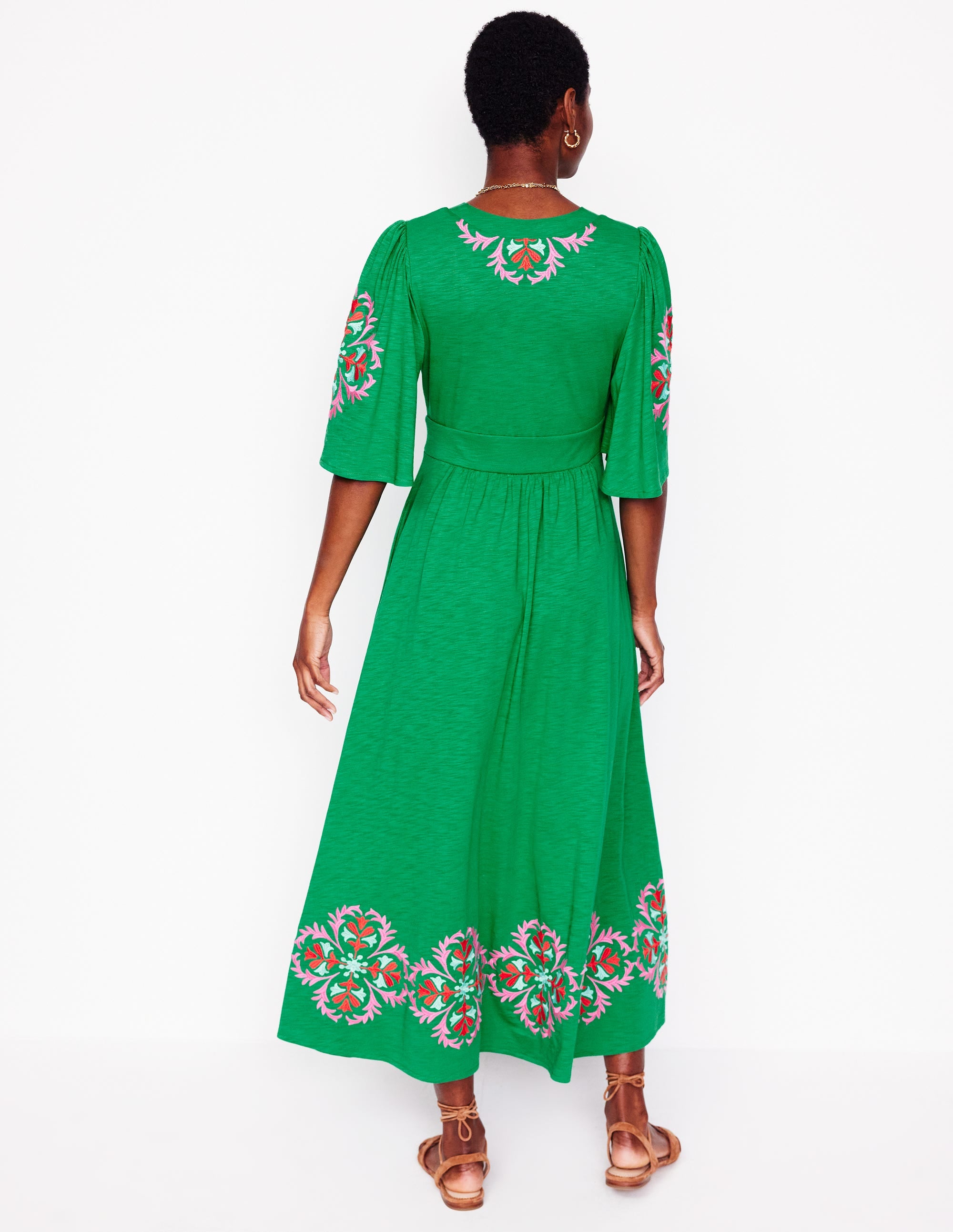 Maya Embroidered Kimono Dress-Rich Emerald, Embroidered - Image 3