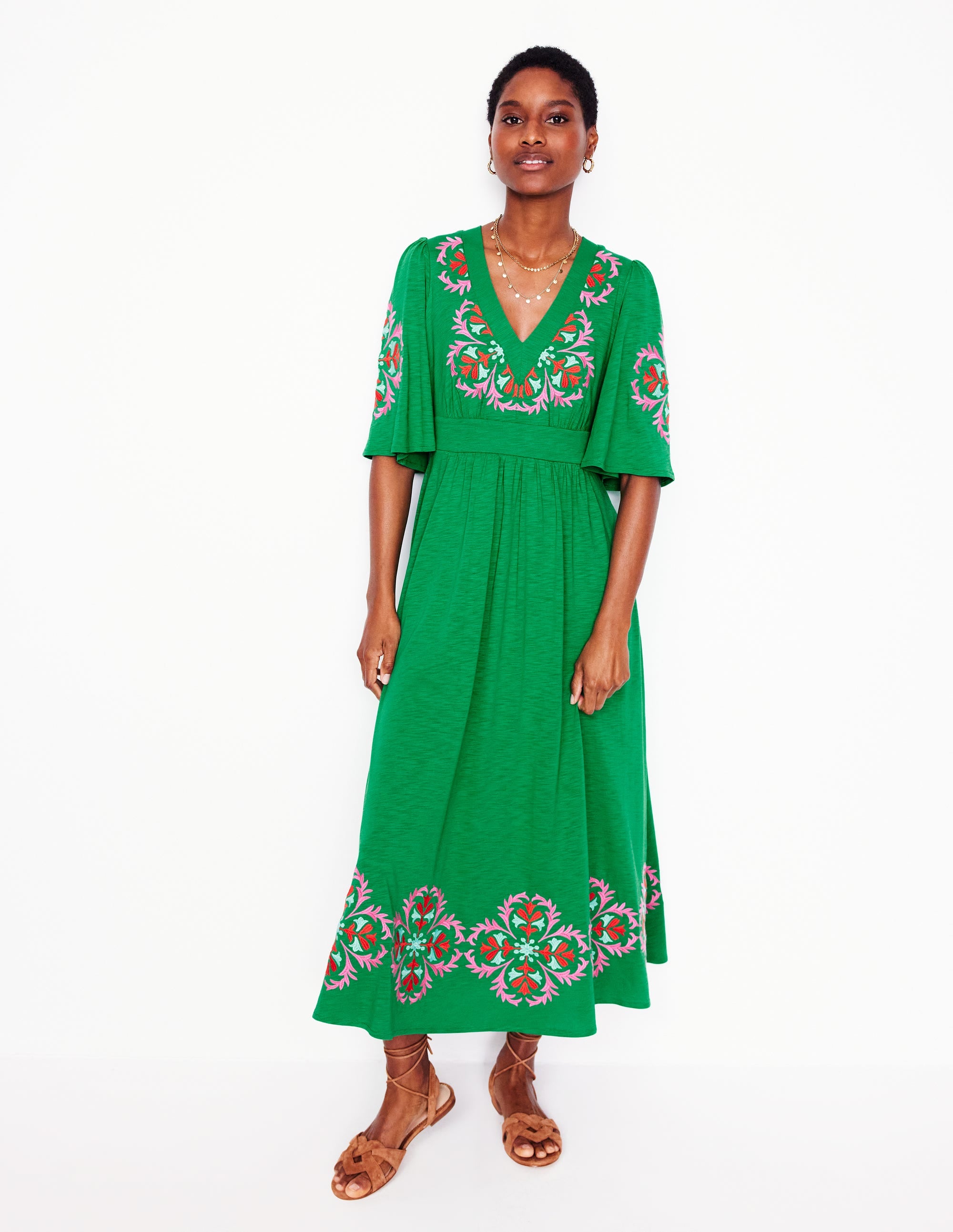 Maya Embroidered Kimono Dress-Rich Emerald, Embroidered - Image 4
