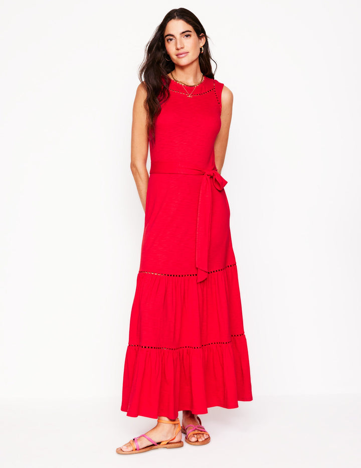 Mila Trim Tiered Jersey Dress-Poppy Red