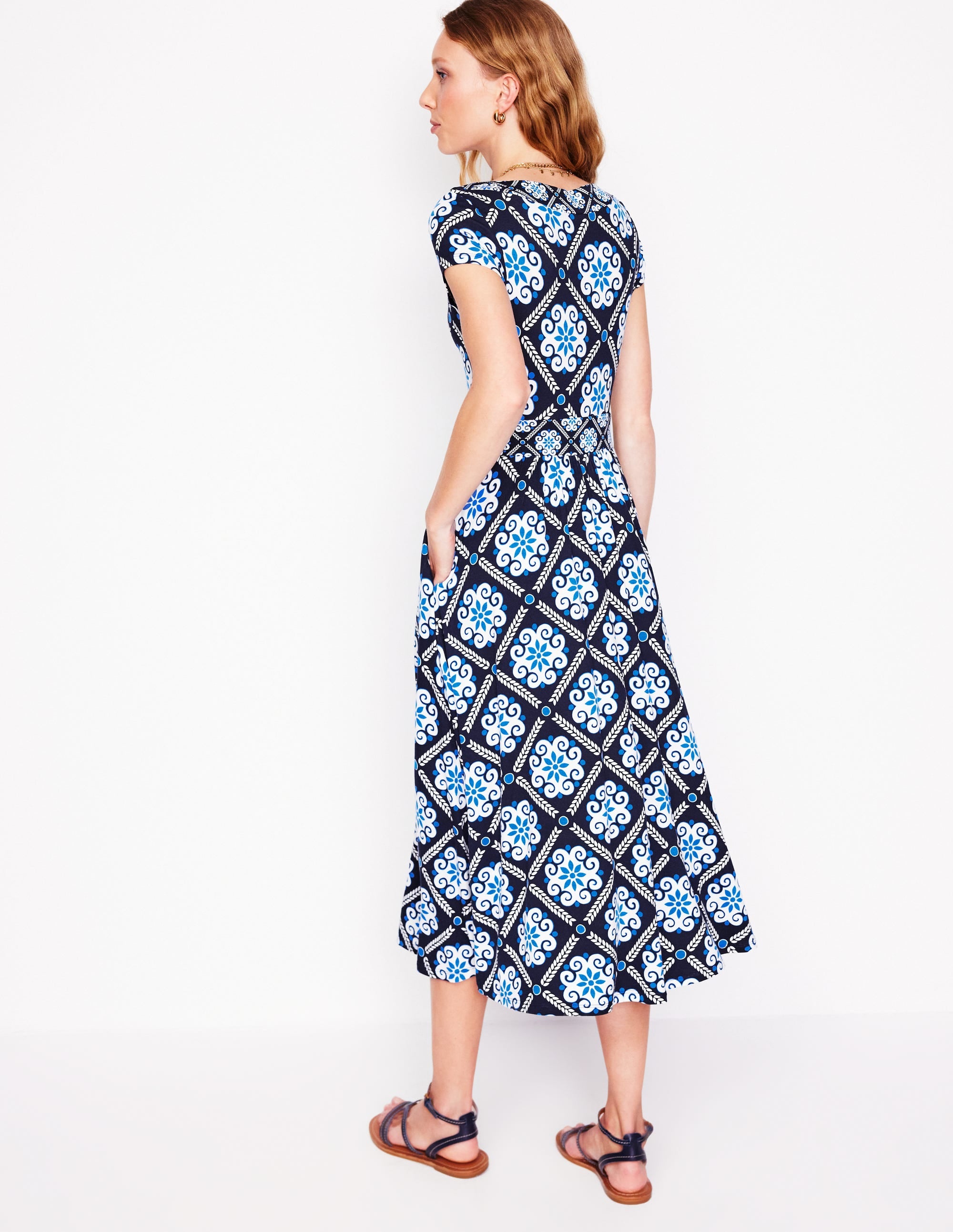 Melanie Jersey Midi Dress-French Navy, Baroque Tile - Image 3