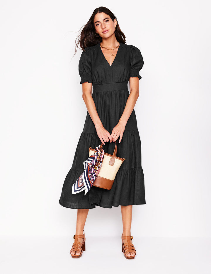 Anna Linen Tiered Midi Dress-Black