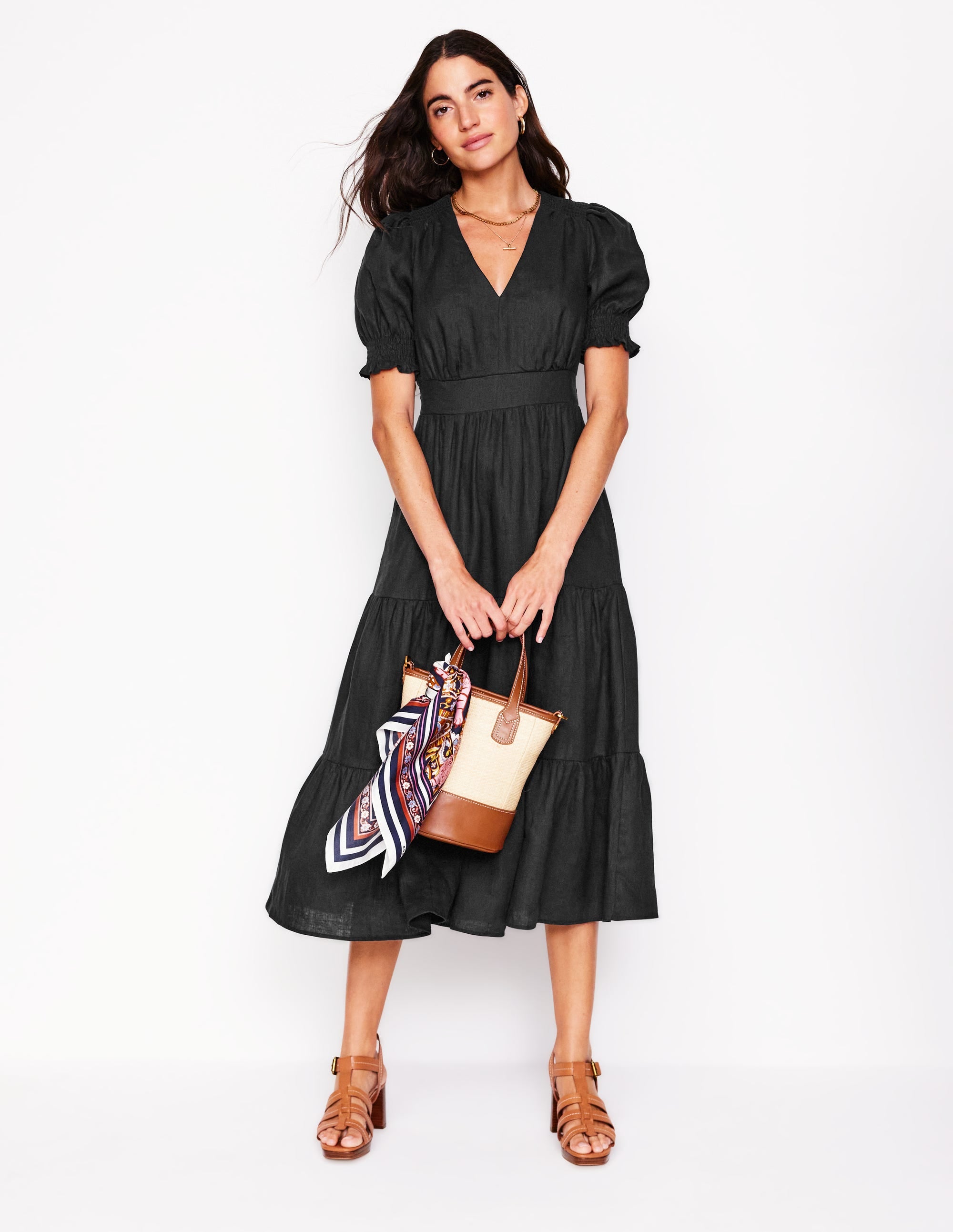 Anna Linen Tiered Midi Dress-Black - Image 1
