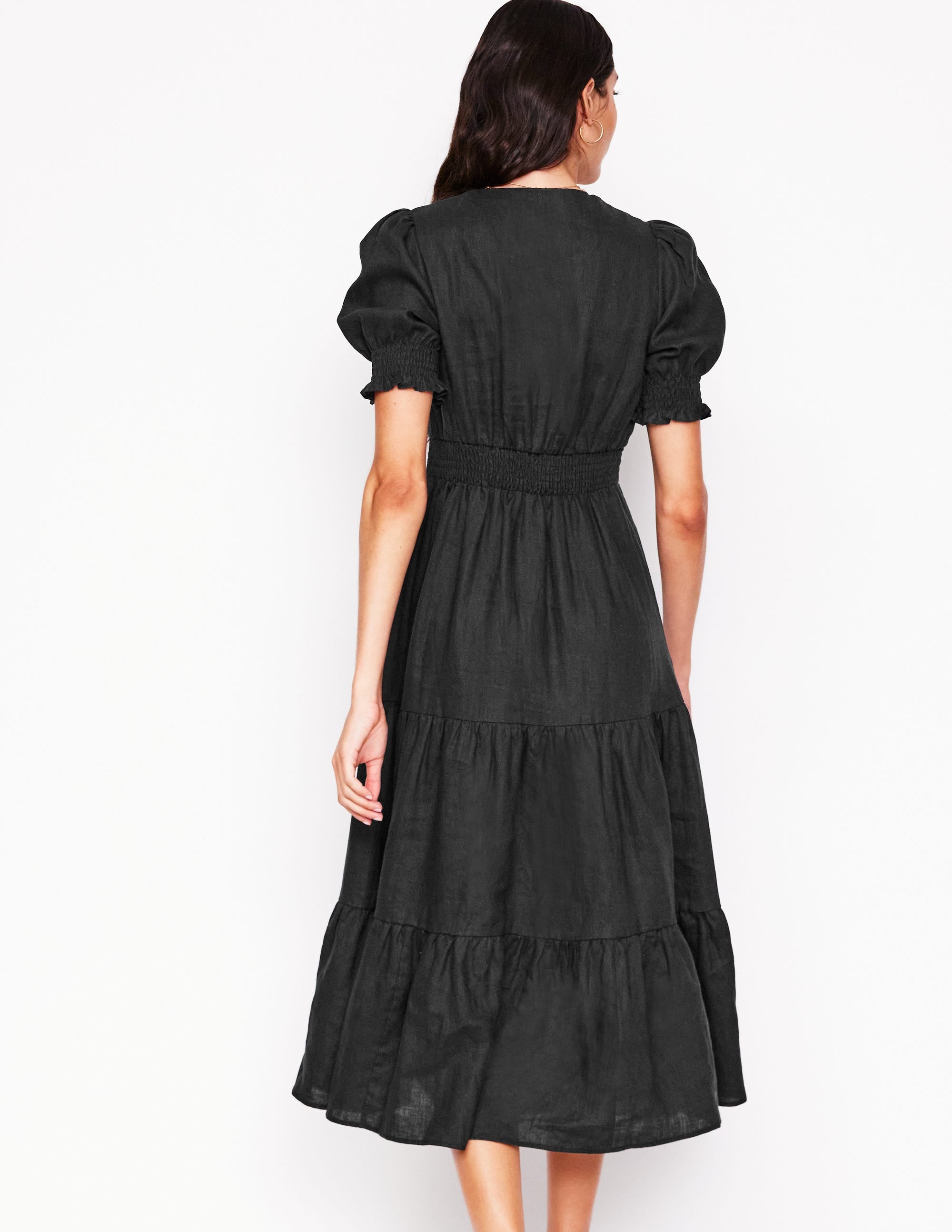 Anna Linen Tiered Midi Dress-Black - Image 3