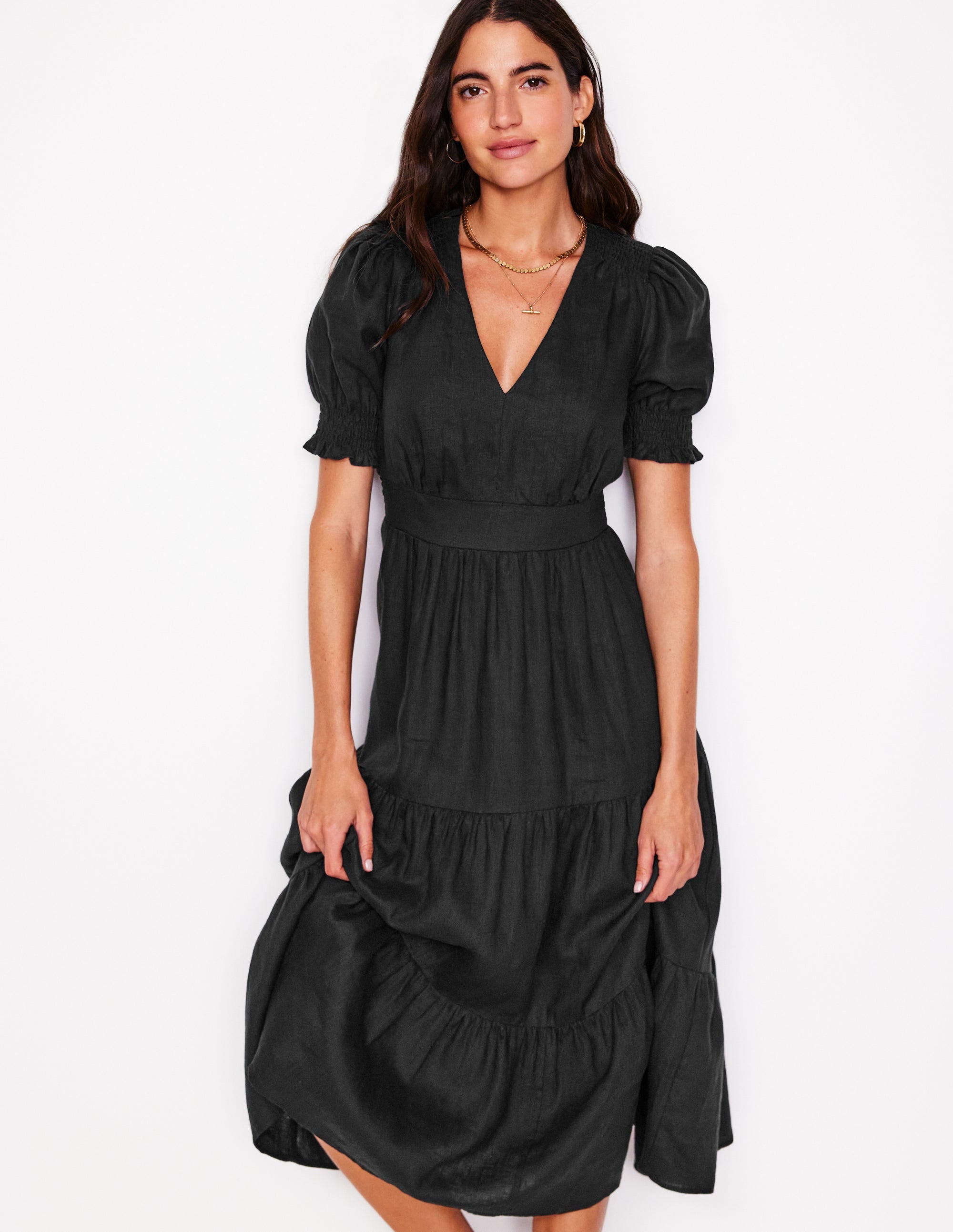 Anna Linen Tiered Midi Dress-Black - Image 4