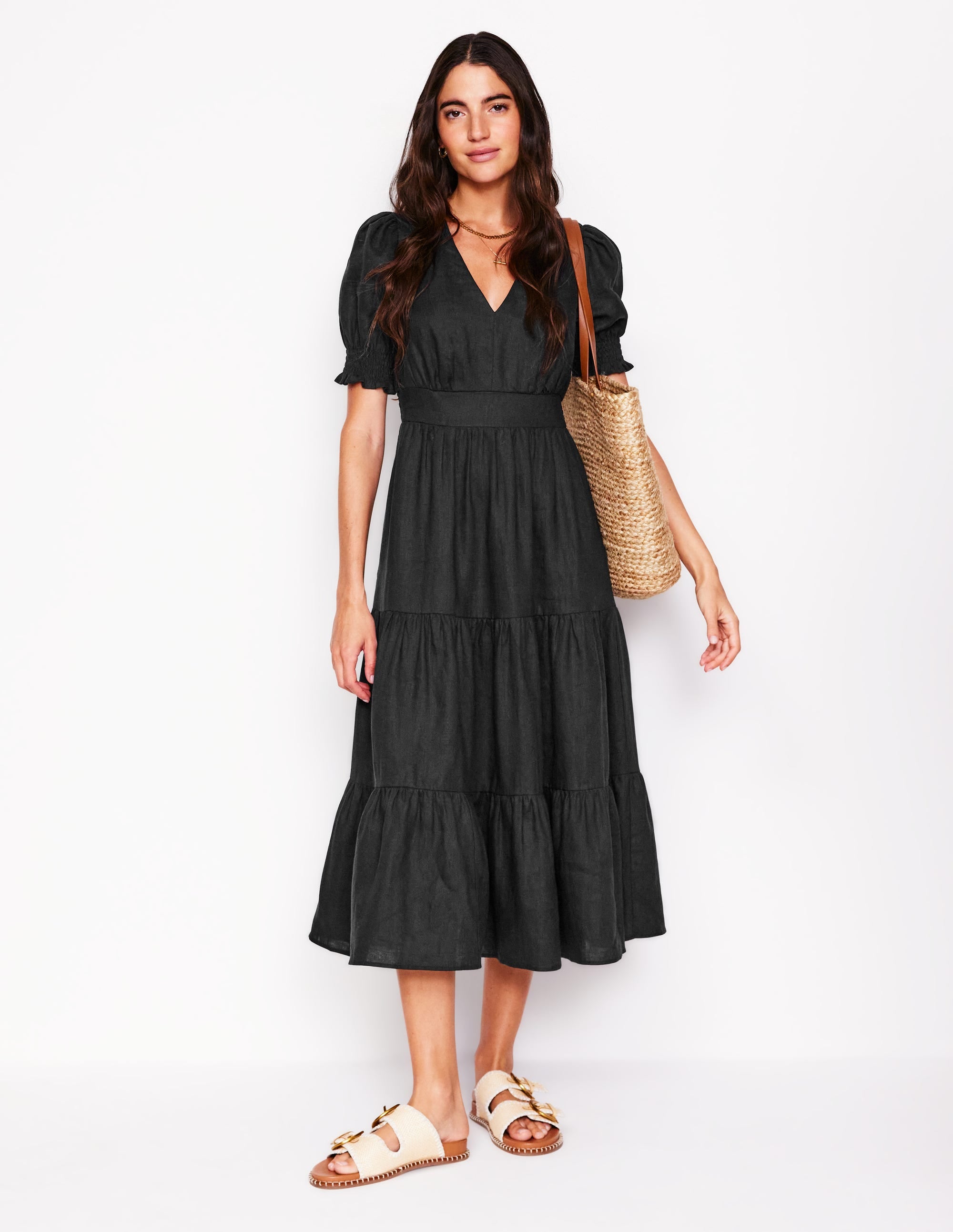 Anna Linen Tiered Midi Dress-Black - Image 5