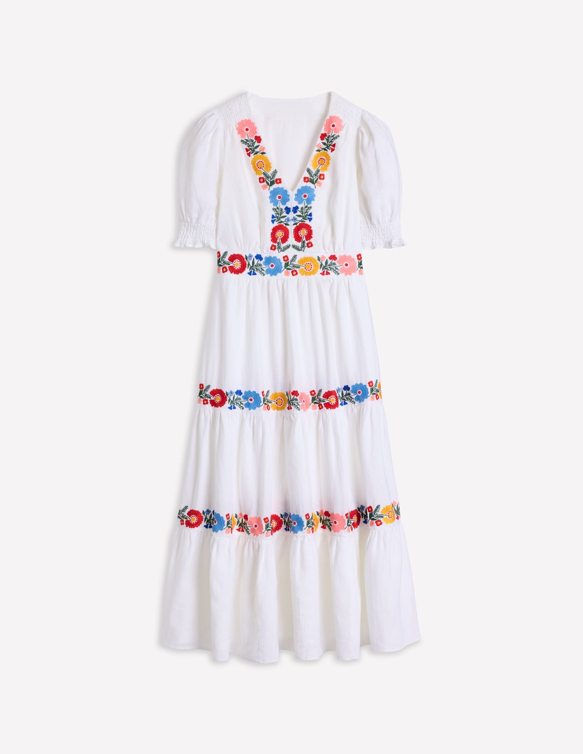 Anna Linen Tiered Midi Dress-White, Multi Embroidery | Boden UK Anna Linen Tiered Midi Dress-White, Multi Embroidery | Boden UK