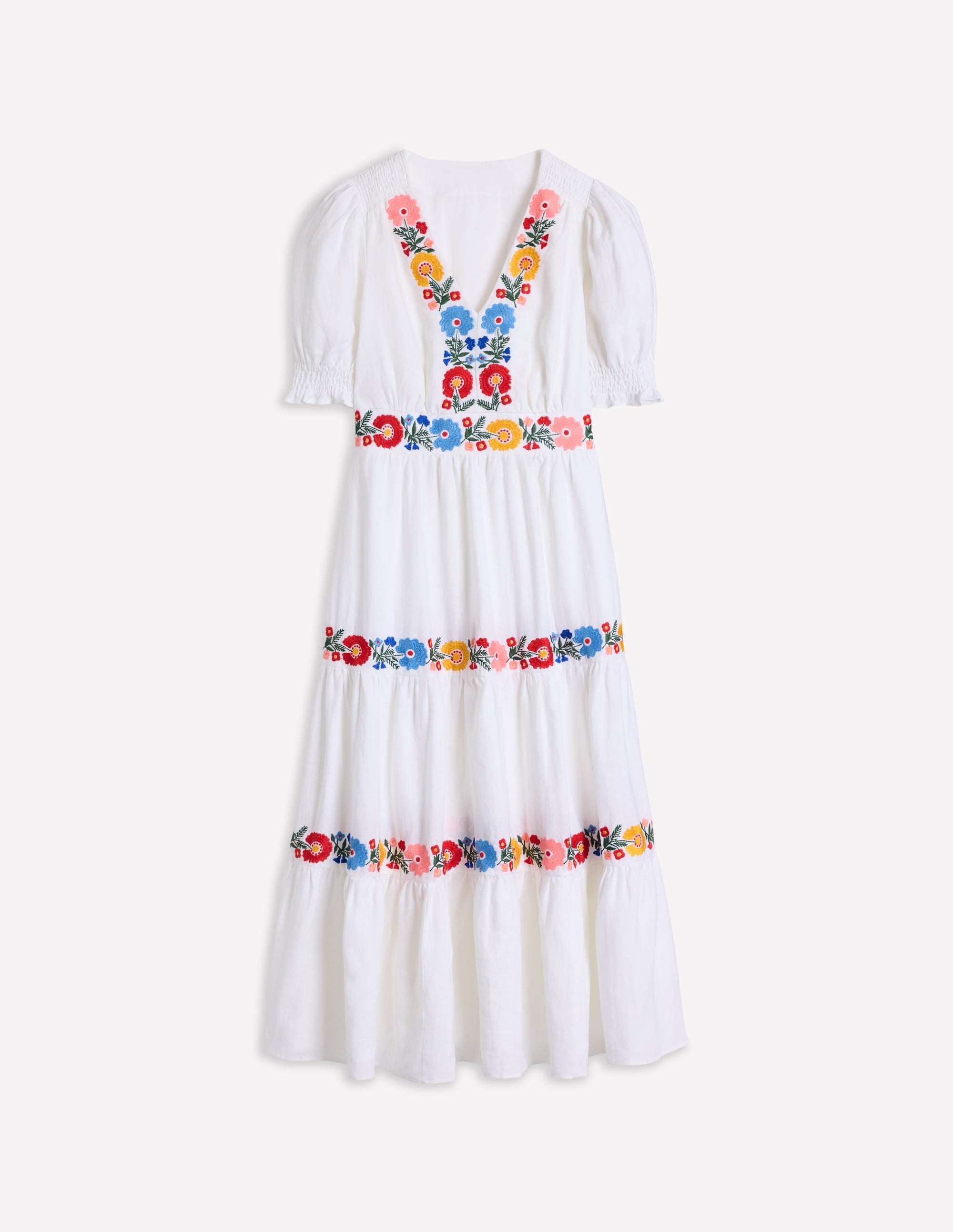 Anna Linen Tiered Midi Dress-White, Multi Embroidery - Image 8