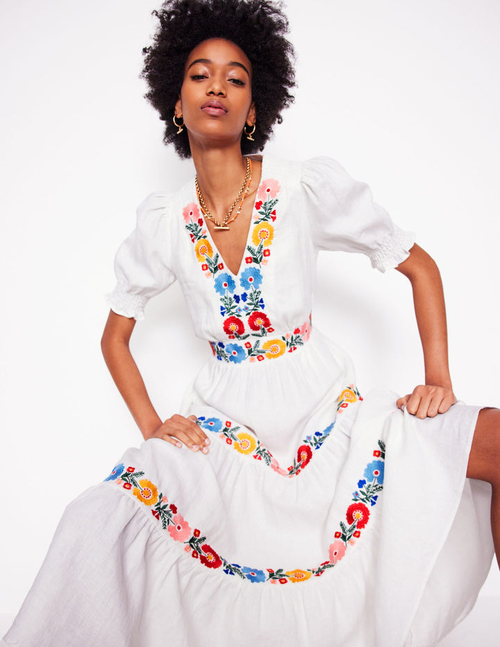 Anna Linen Tiered Midi Dress-White, Multi Embroidery
