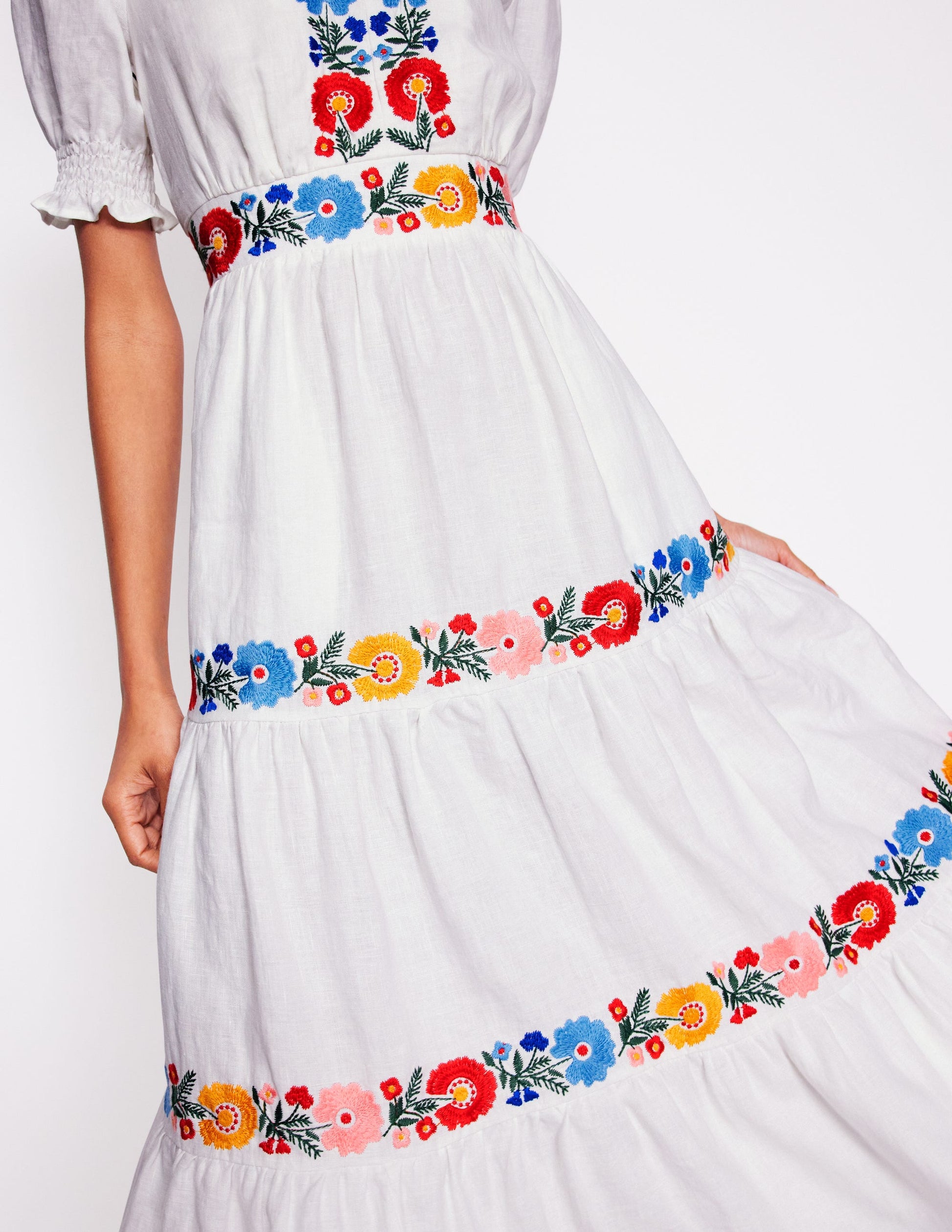 Anna Linen Tiered Midi Dress-White, Multi Embroidery | Boden UK Anna Linen Tiered Midi Dress-White, Multi Embroidery | Boden UK