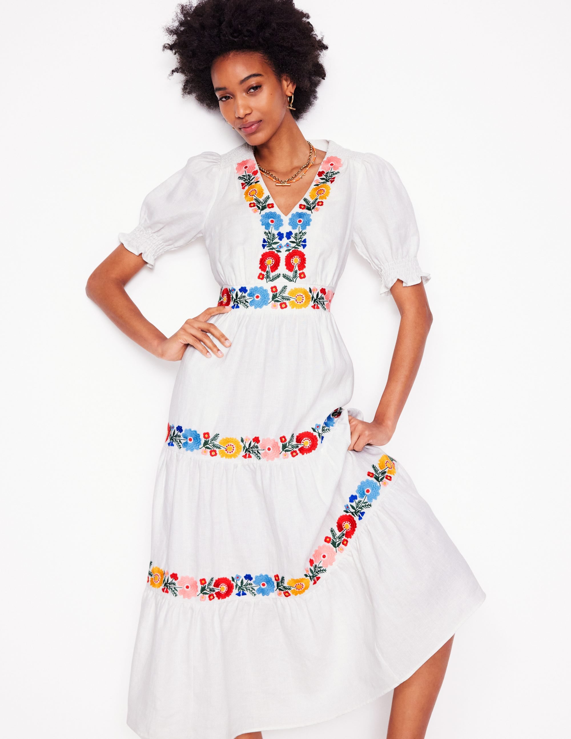 Anna Linen Tiered Midi Dress-White, Multi Embroidery - Image 6