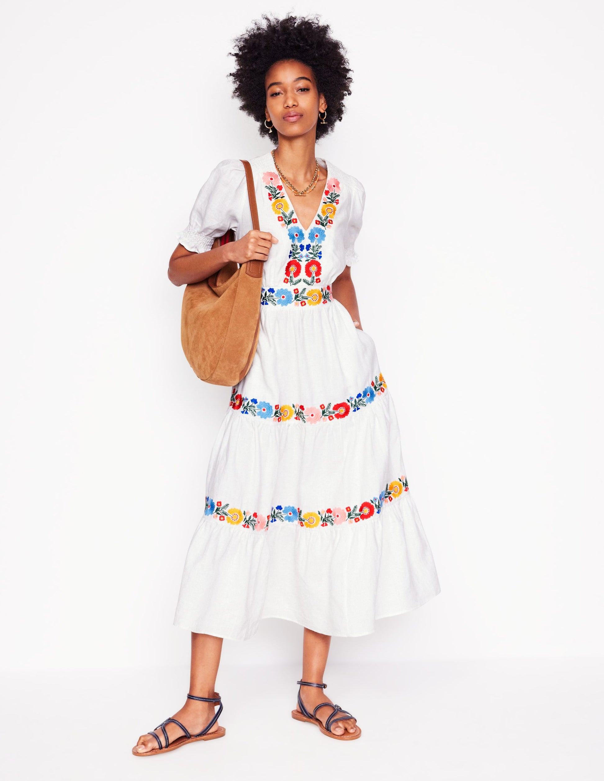 Anna Linen Tiered Midi Dress-White, Multi Embroidery | Boden UK Anna Linen Tiered Midi Dress-White, Multi Embroidery | Boden UK
