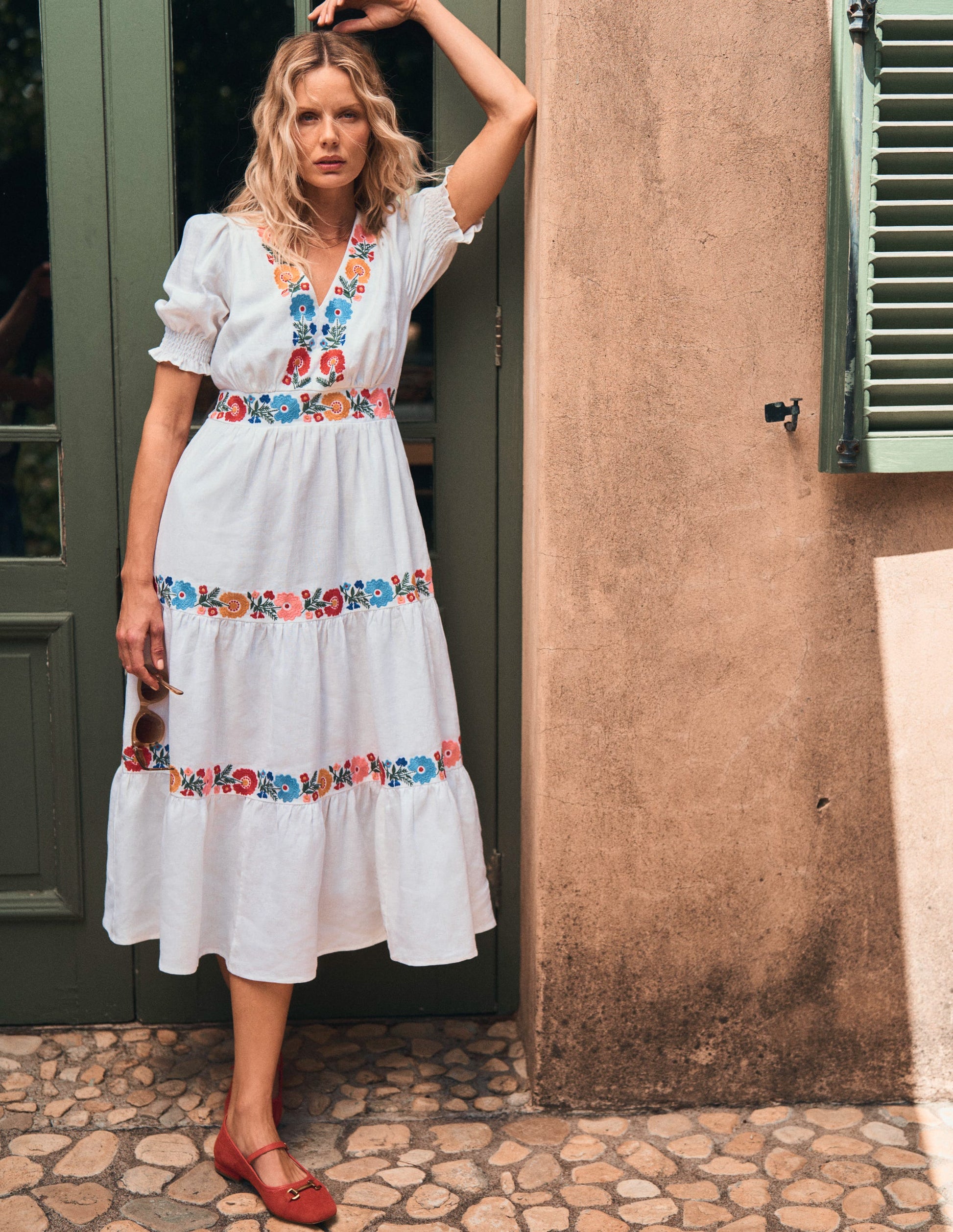 Anna Linen Tiered Midi Dress-White, Multi Embroidery Boden UK