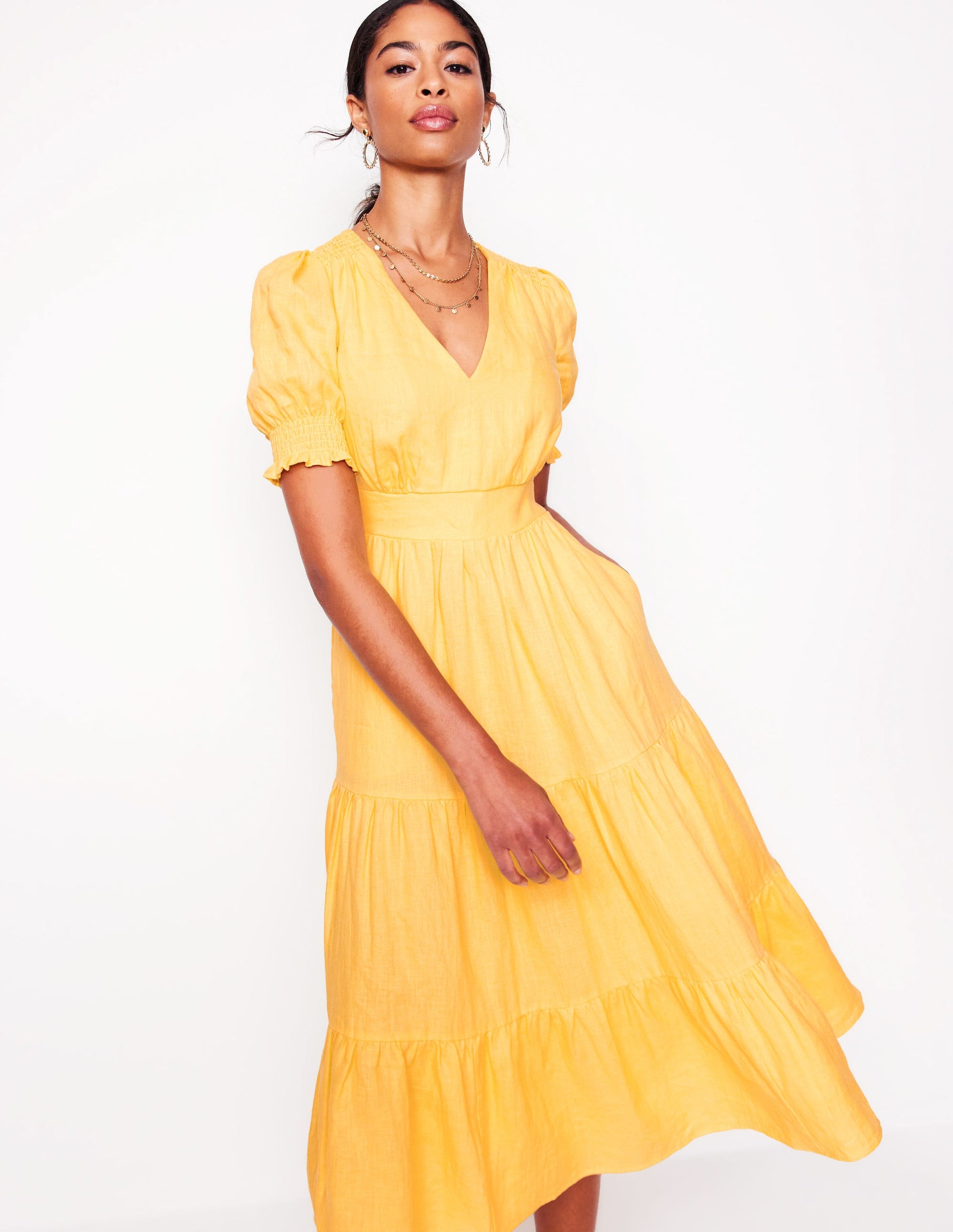 Anna Linen Tiered Midi Dress-Buttermilk Yellow | Boden UK Anna Linen Tiered Midi Dress-Buttermilk Yellow | Boden UK