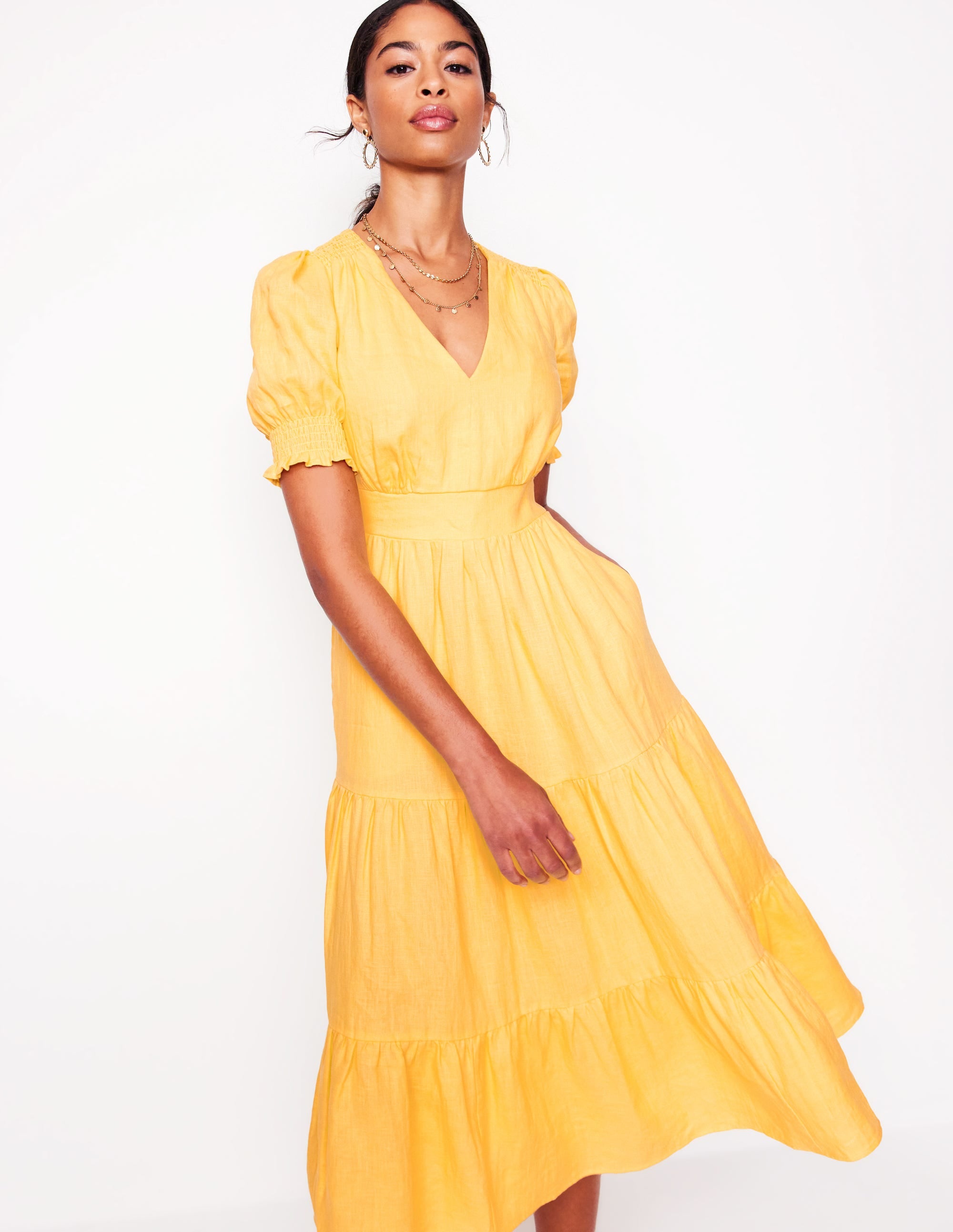 Anna Linen Tiered Midi Dress-Buttermilk Yellow - Image 1