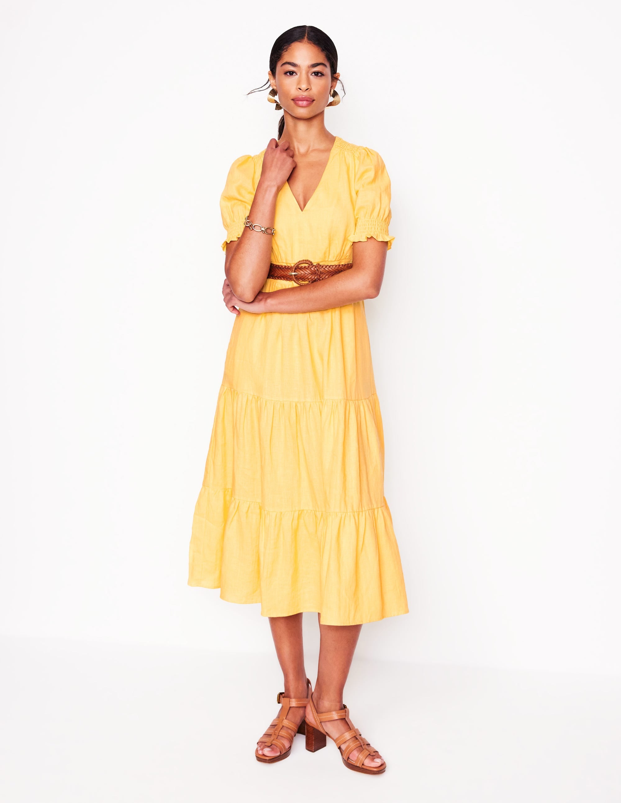 Anna Linen Tiered Midi Dress-Buttermilk Yellow - Image 6