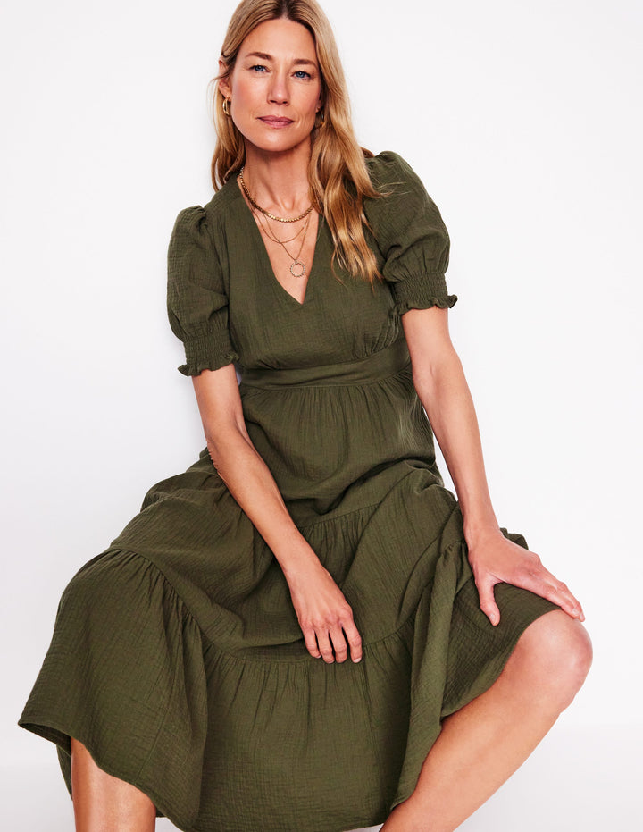 Anna Double Cloth Midi Dress-Woodland Green