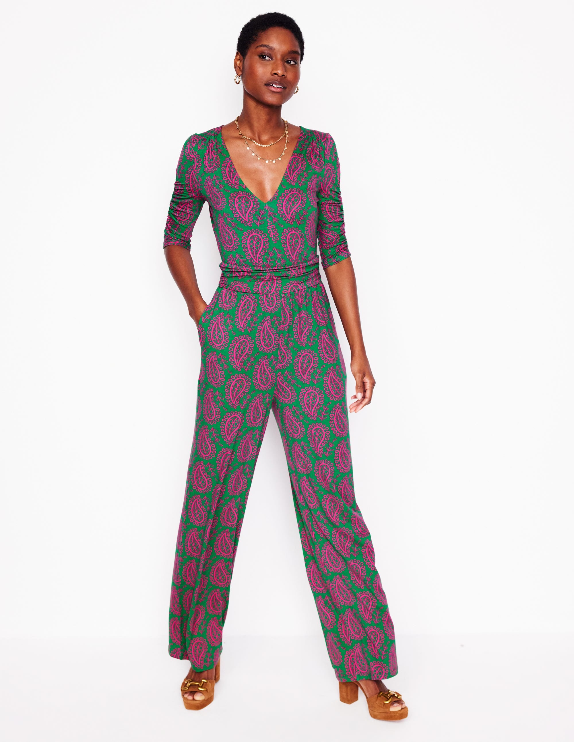 Ruched Waist Jumpsuit-Green, Paisley Heart - Image 1