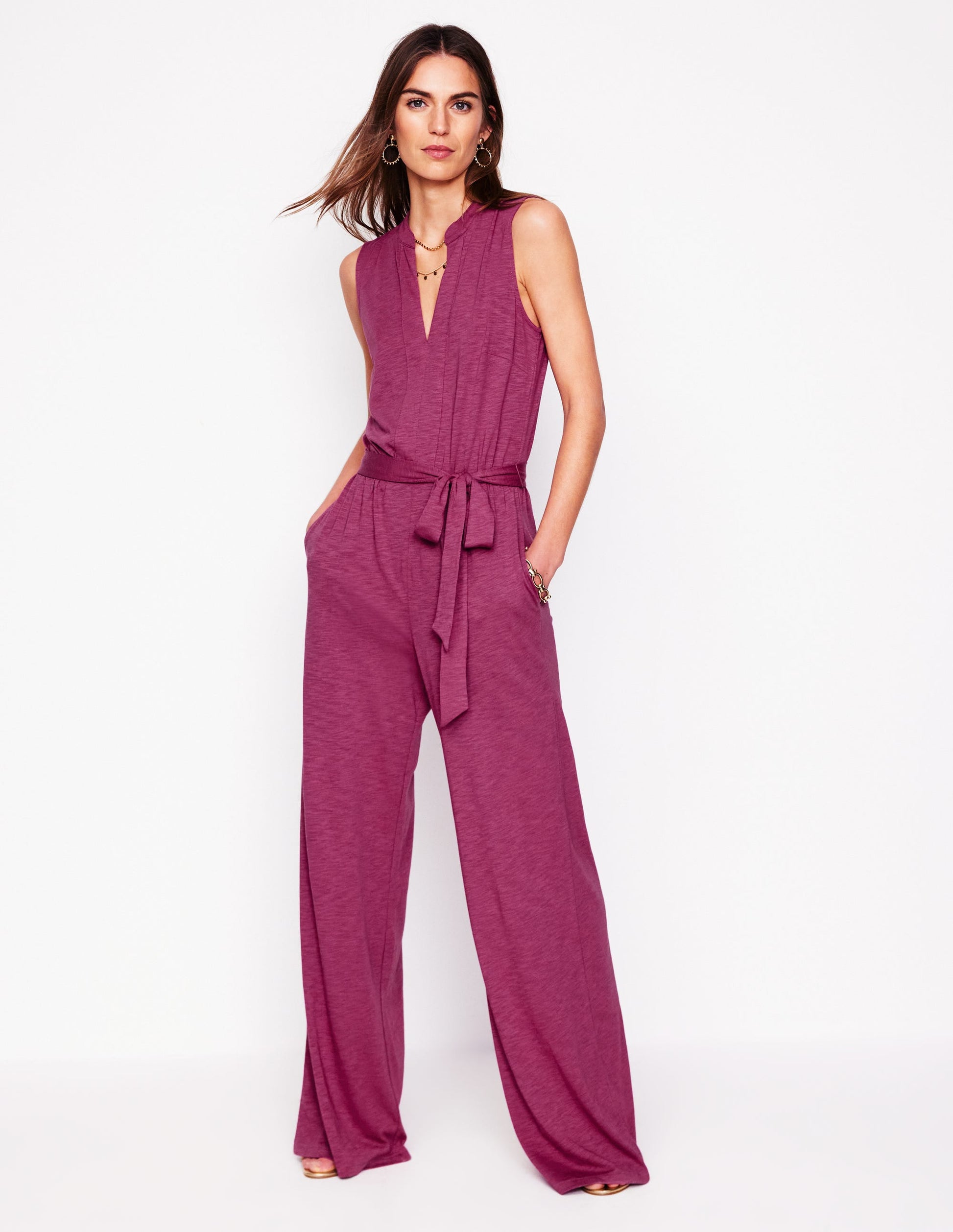 Naomi Notch Jersey Jumpsuit-Plum Purple Boden UK