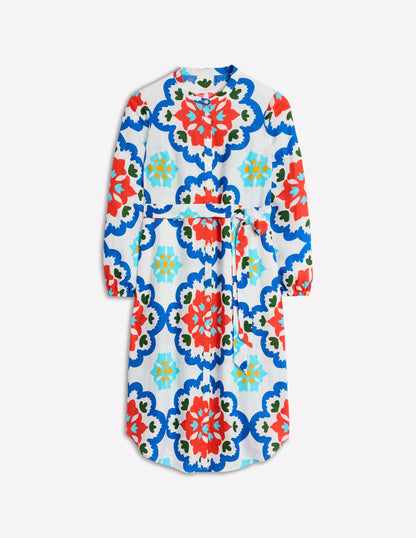 Straight Linen Shirt Dress-Ivory, Bloom Geo-6