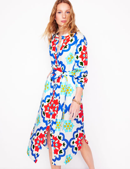 Straight Linen Shirt Dress-Ivory, Bloom Geo-1