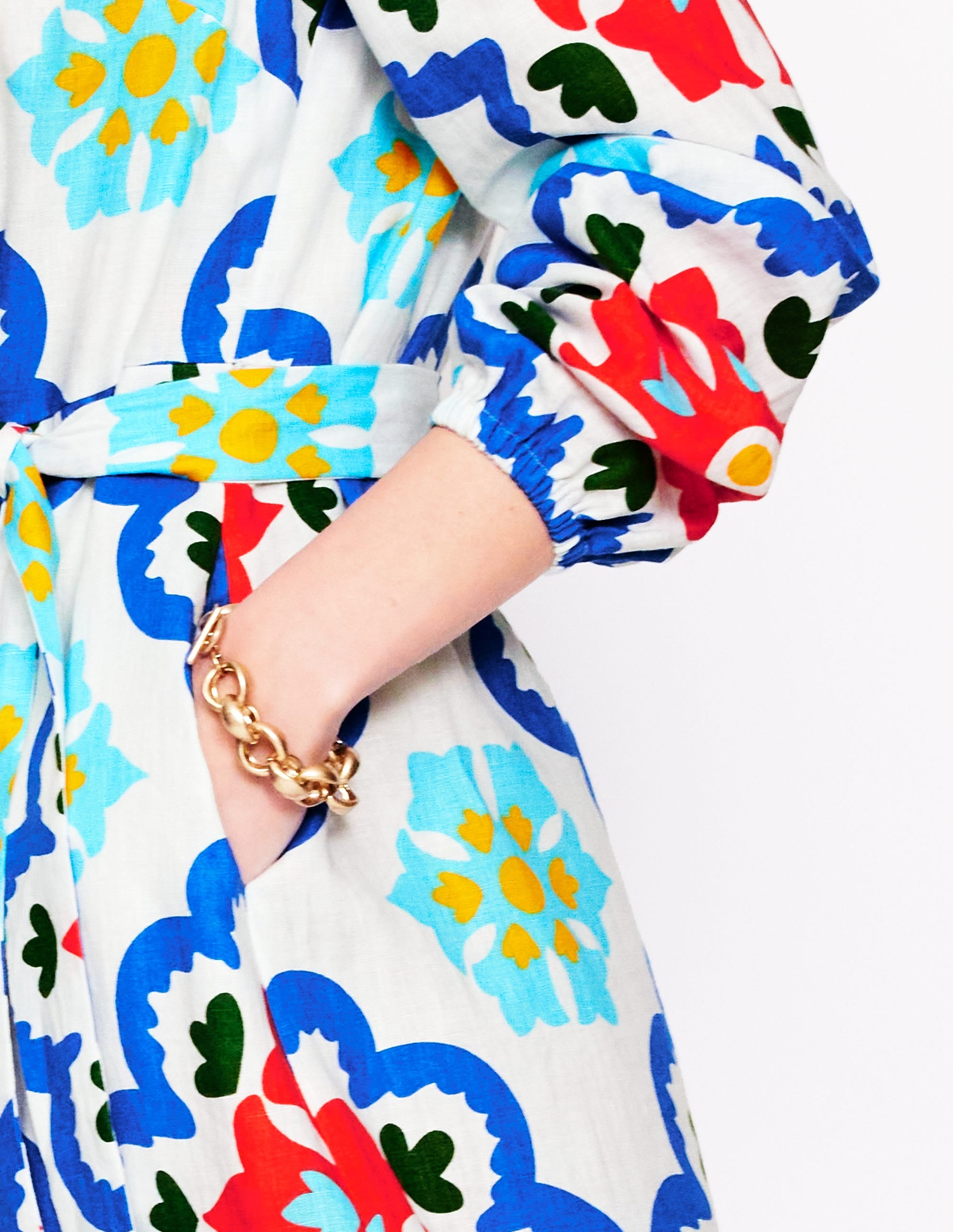 Straight Linen Shirt Dress-Ivory, Bloom Geo - Image 3