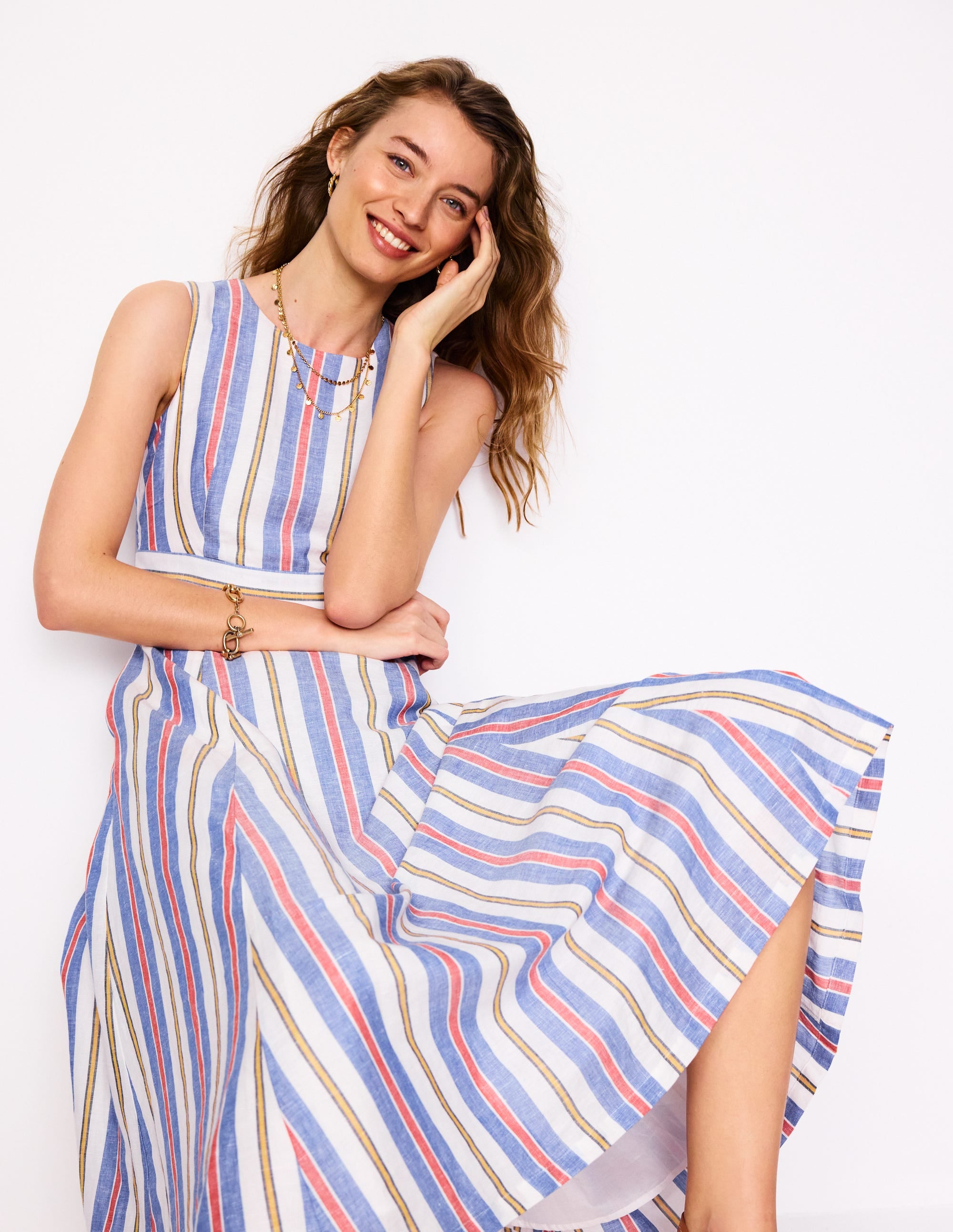 Sleeveless Linen Blend Dress-Bright Blue and Brown Stripe - Image 1