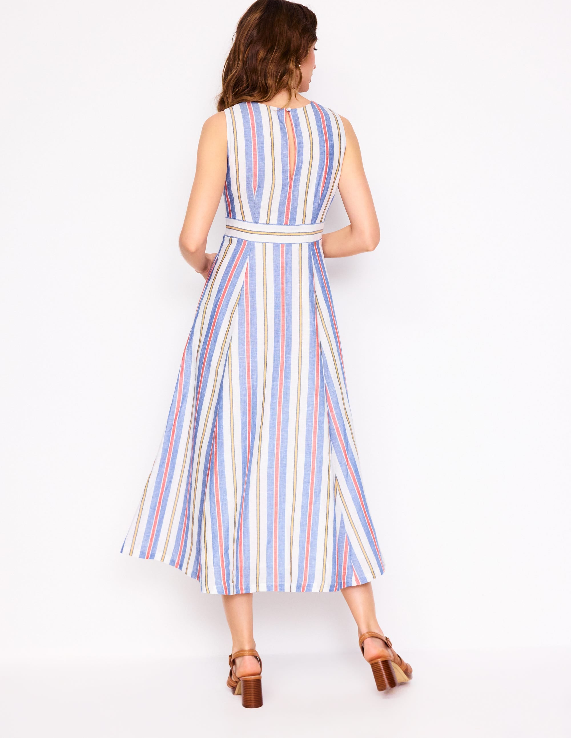 Sleeveless Linen Blend Dress-Bright Blue and Brown Stripe - Image 3