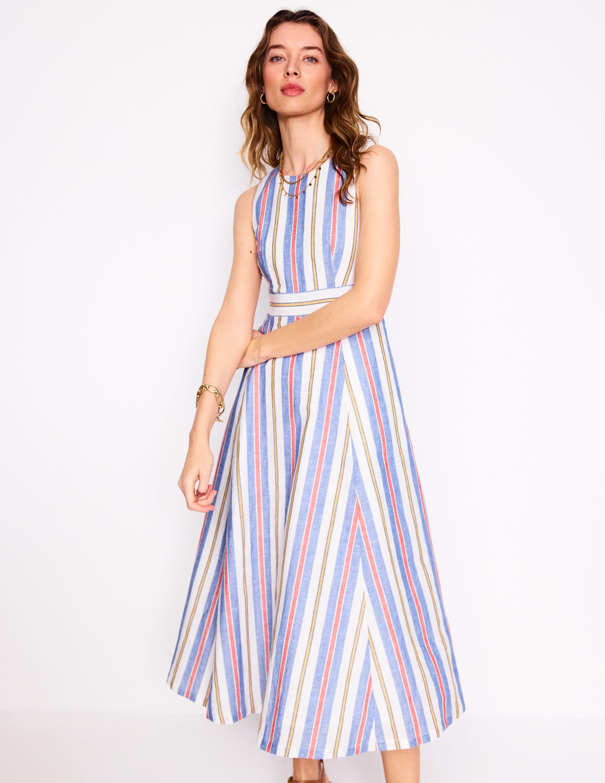 Sleeveless Linen Blend Dress-Bright Blue and Brown Stripe - Image 4