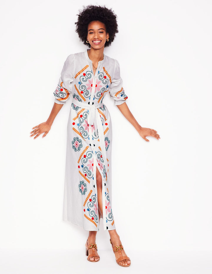 Ruby Linen Blend Shirt Dress-White Embroidery