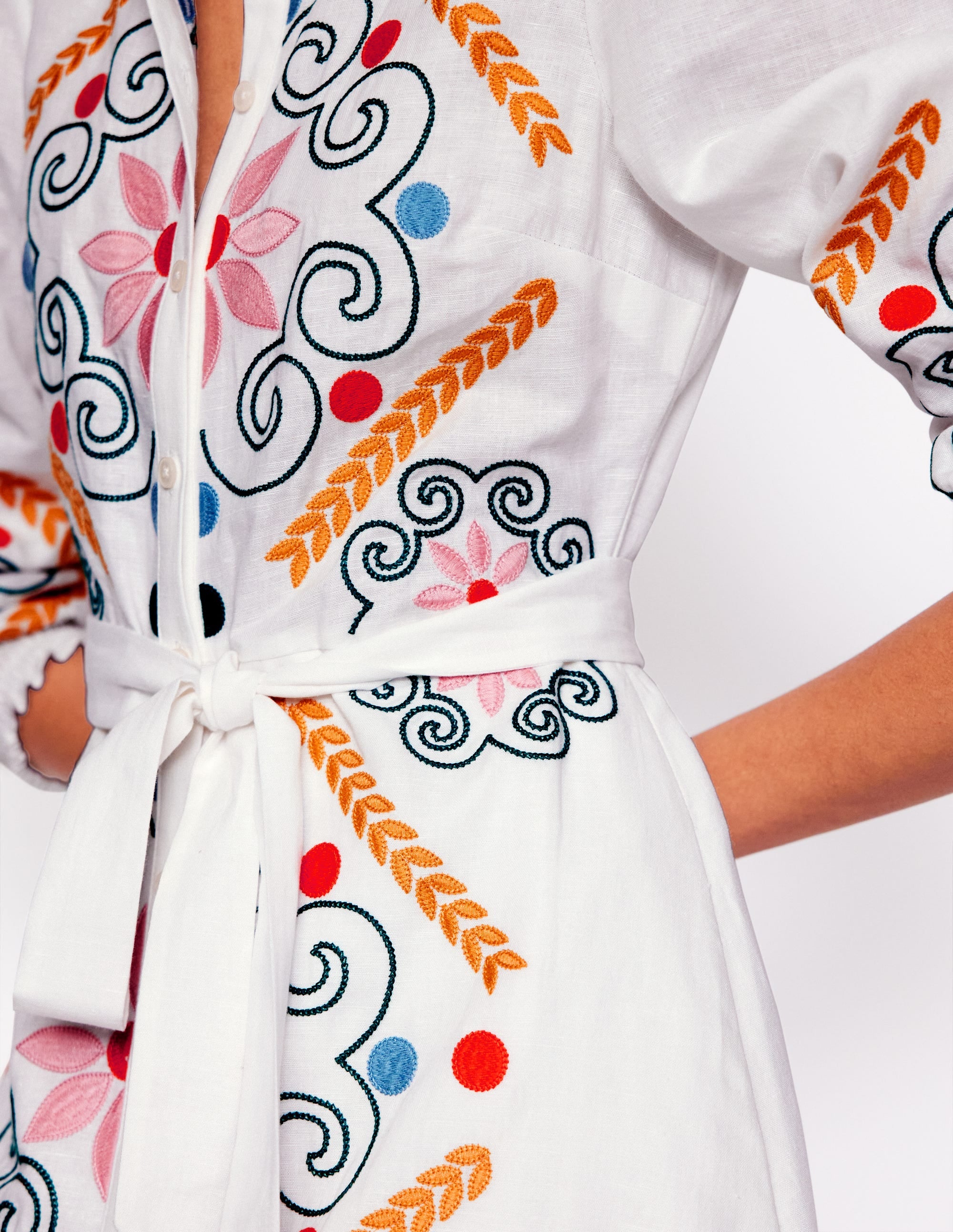 Ruby Linen Blend Shirt Dress-White Embroidery - Image 4