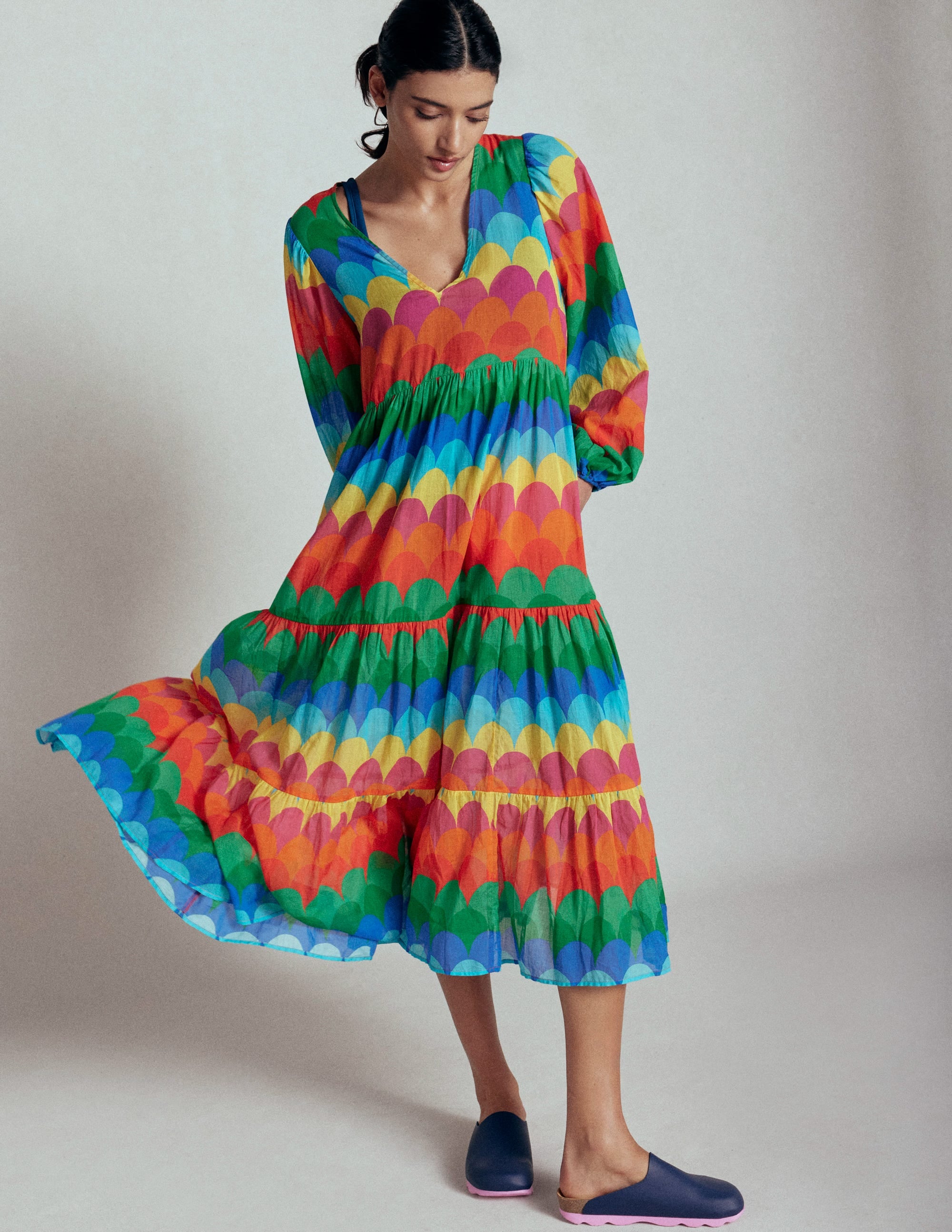 V-Neck Tiered Cotton Kaftan-Multi, Scallop Stripe - Image 3