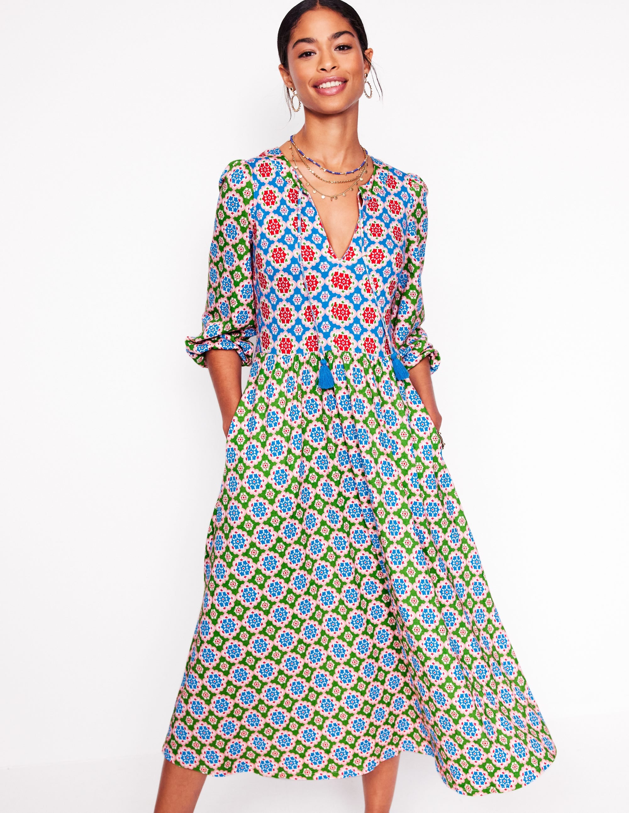 Notch Neck Midi Dress-Multi, Bloom Geo - Image 1