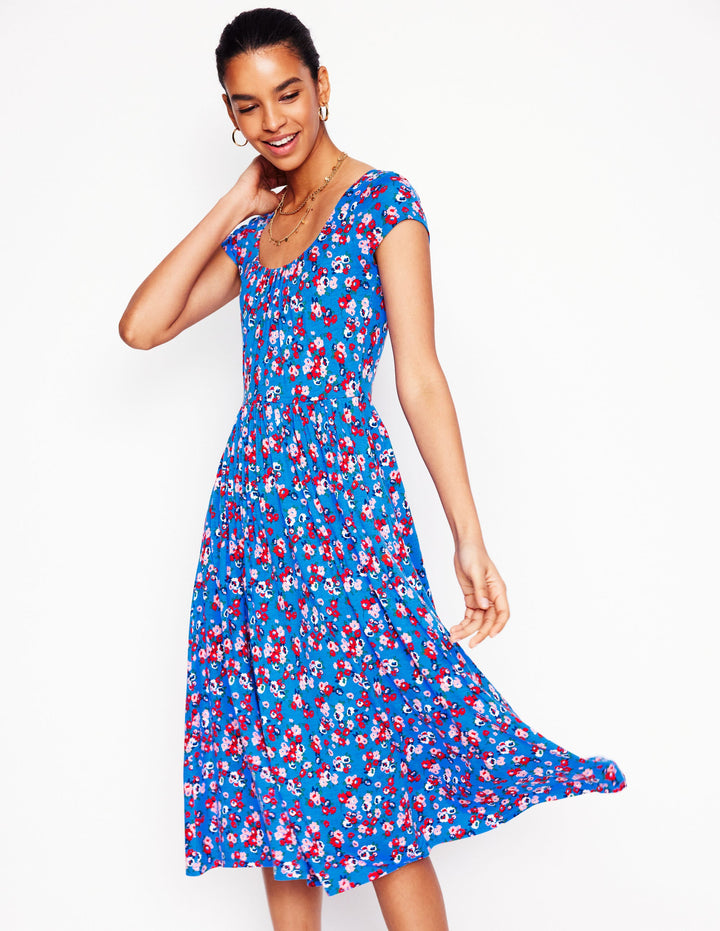 Samantha Scoop Jersey Dress-Cerulean Blue, Painterly Posy