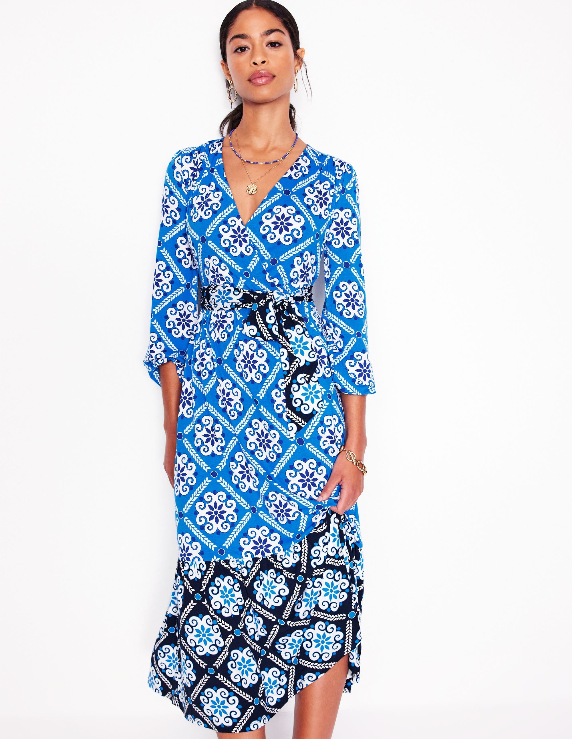 Tie Wrap Tier Maxi Dress-Cerulean Blue, Baroque Tile - Image 1