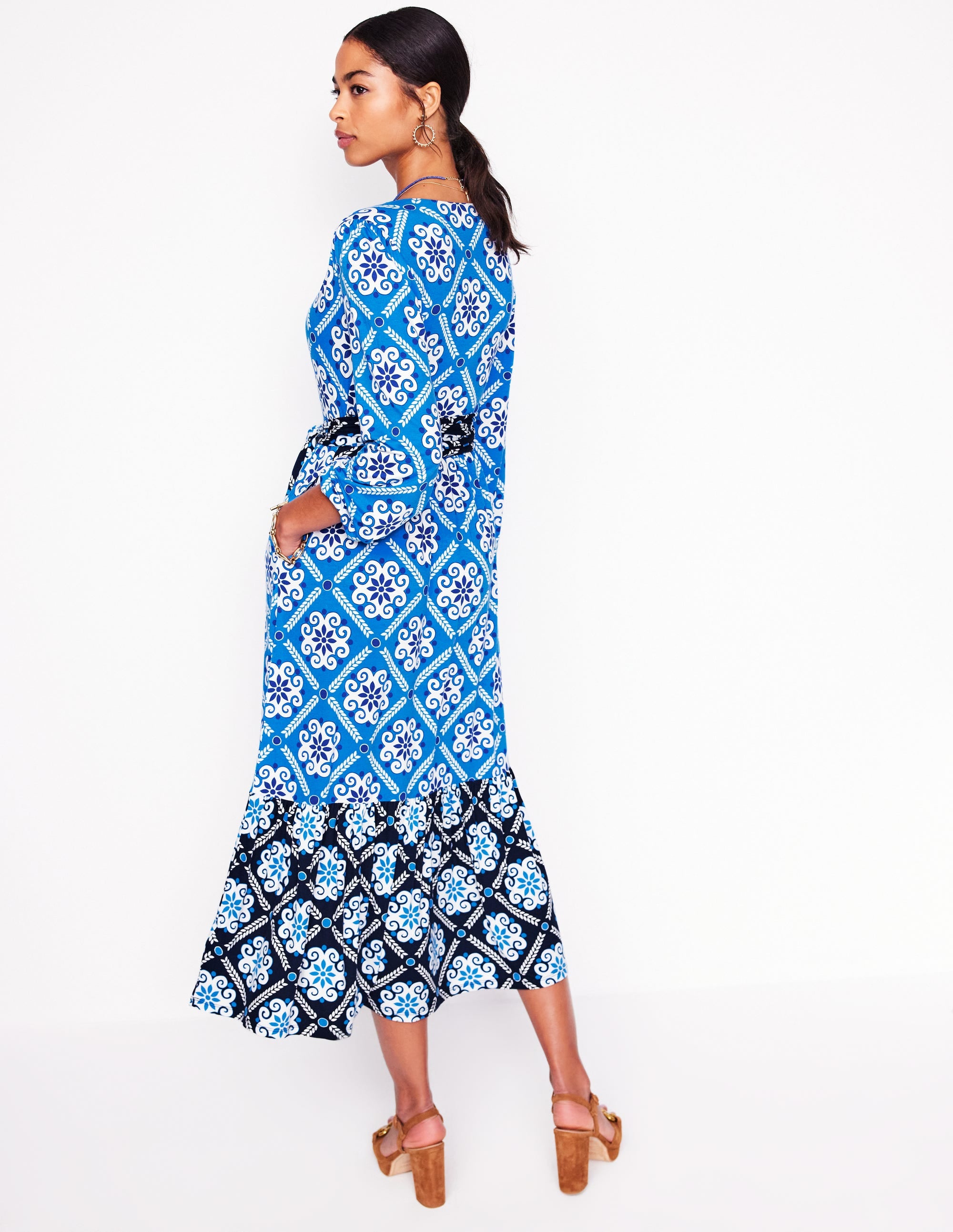 Tie Wrap Tier Maxi Dress-Cerulean Blue, Baroque Tile - Image 3