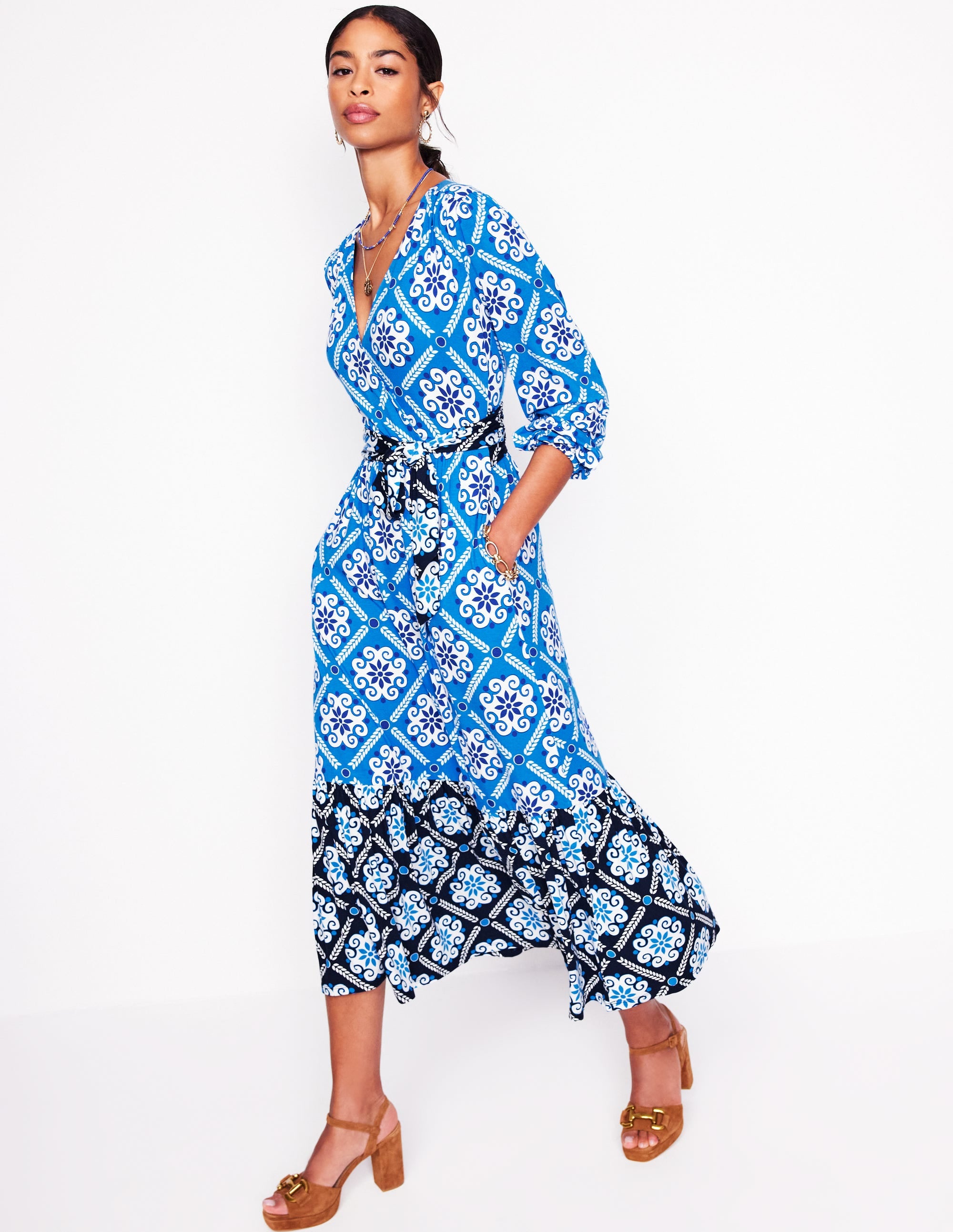 Tie Wrap Tier Maxi Dress-Cerulean Blue, Baroque Tile - Image 4