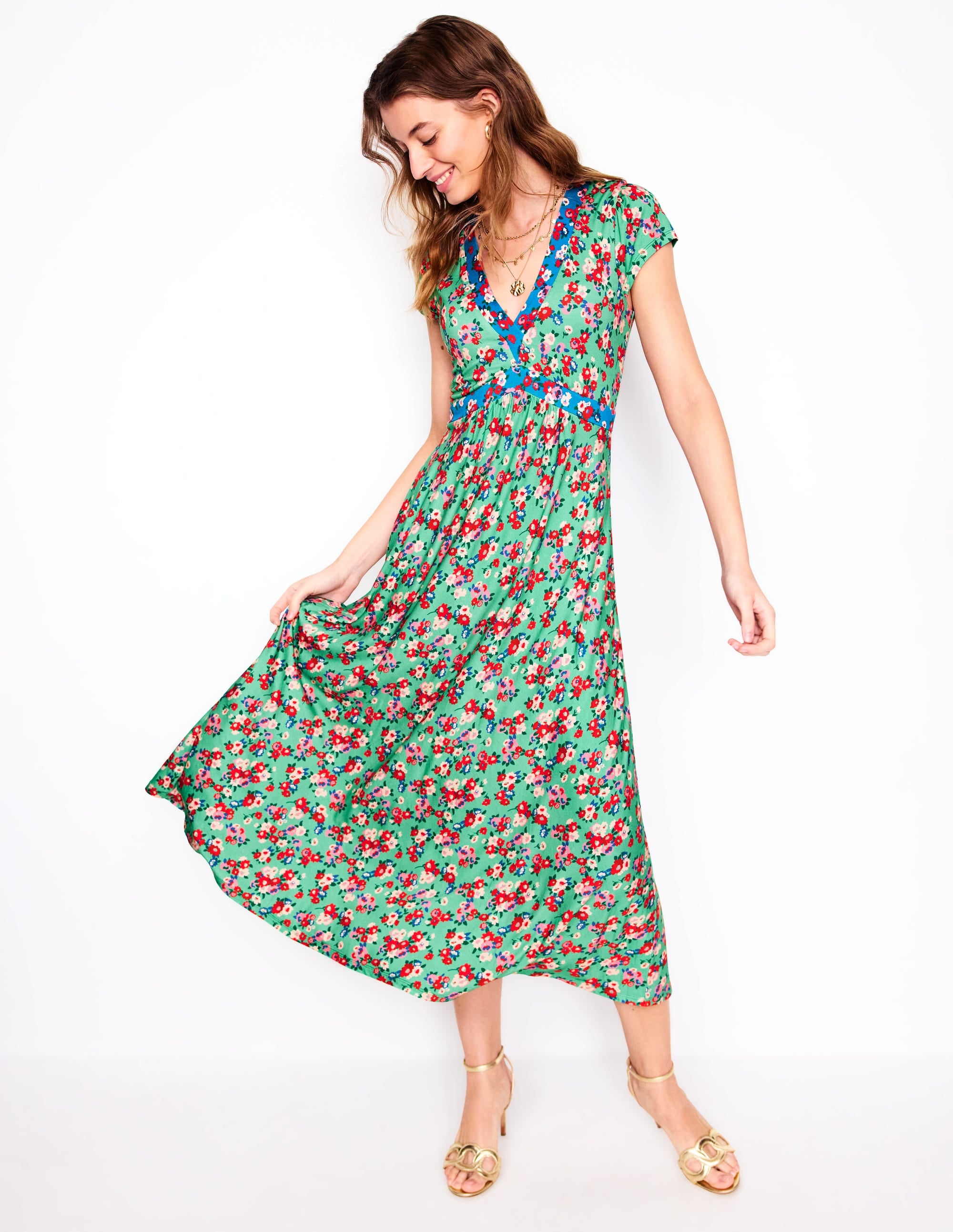 Bias Cut Jersey Midi Dress-Jade, Painterly Posy - Image 4