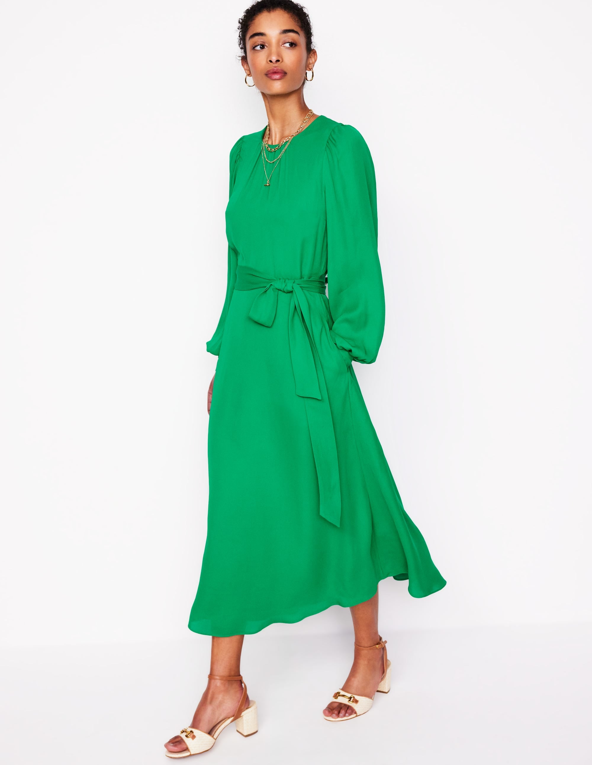 Blouson Sleeve Midi Dress-Rich Emerald - Image 1