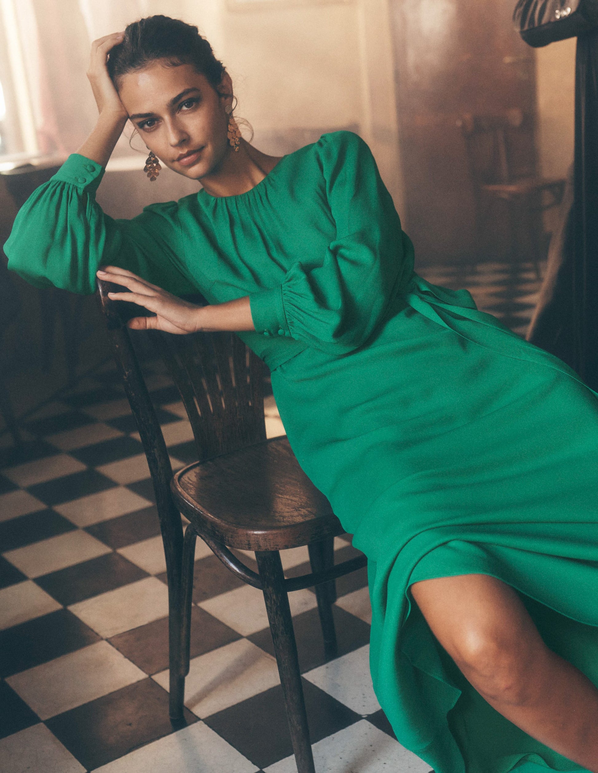 Blouson Sleeve Midi Dress-Rich Emerald | Boden UK Blouson Sleeve Midi Dress-Rich Emerald | Boden UK