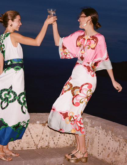 Flute Sleeve Midi Dress-Pink Rose, Ornate Reflection-2