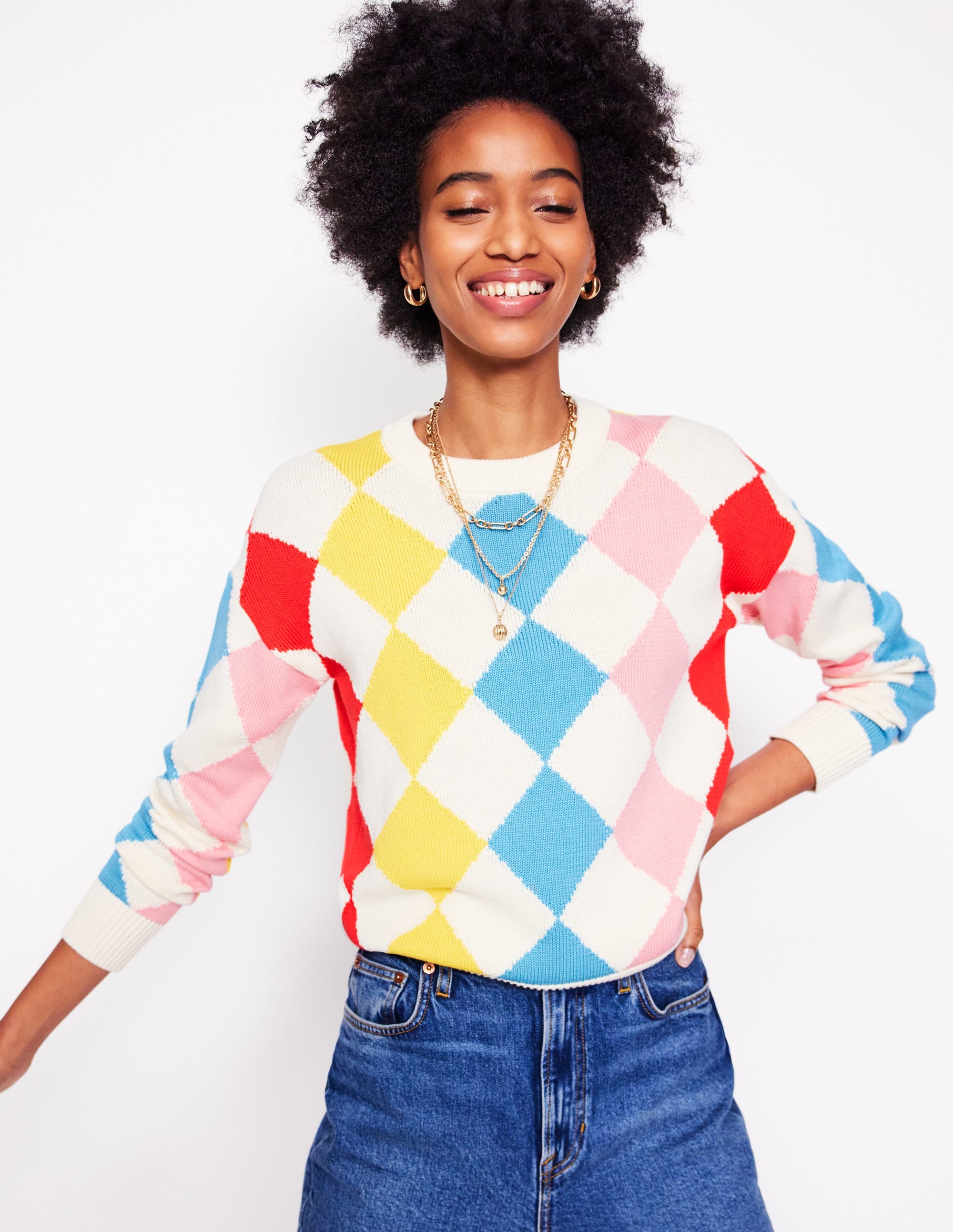 Cotton Argyle Jumper-Pink, Light Blue Argyle - Image 1