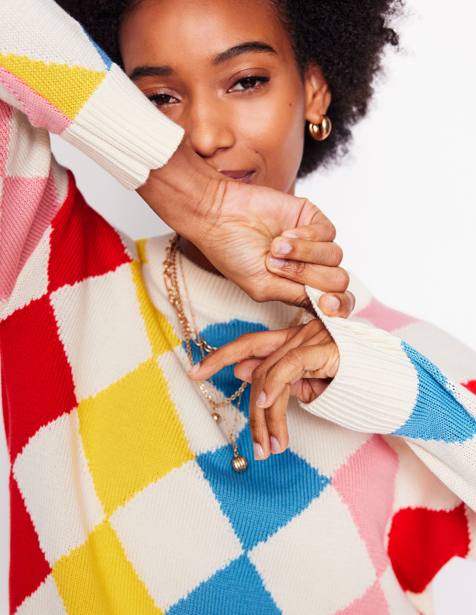 Cotton Argyle Jumper-Pink, Light Blue Argyle - Image 2
