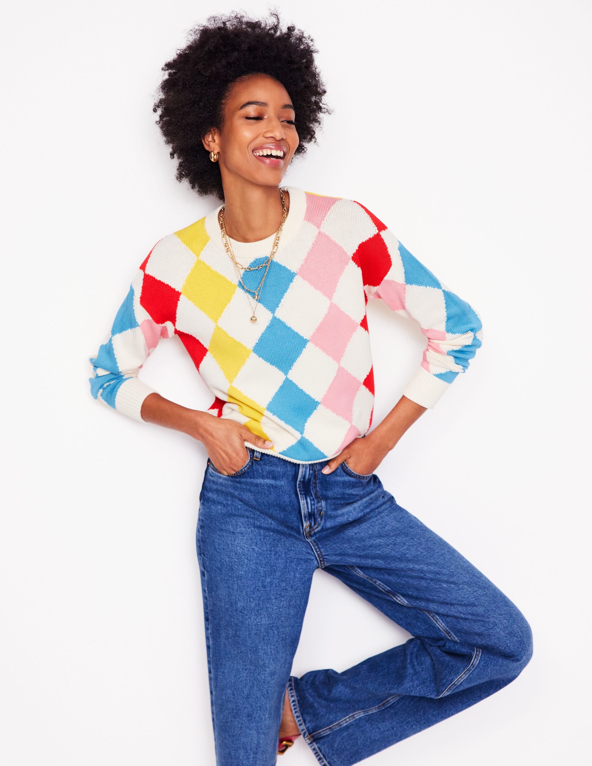 Cotton Argyle Jumper-Pink, Light Blue Argyle - Image 4